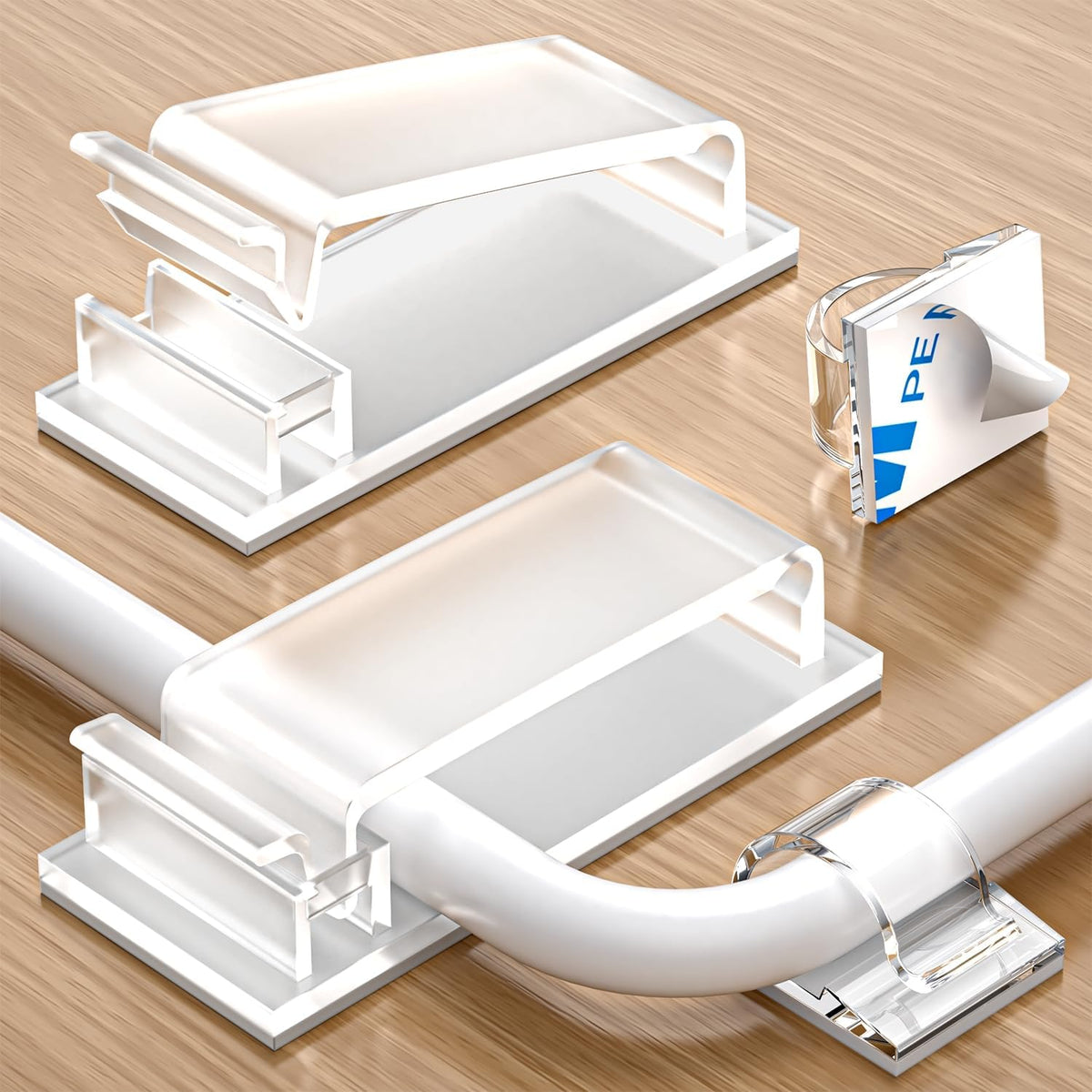 70 self-adhesive cable clips - 50 small + 20 large self-adhesive cable organizers - plastic cable organizer clips for organizing cables on the wall - on the desk and in the home office (clear)