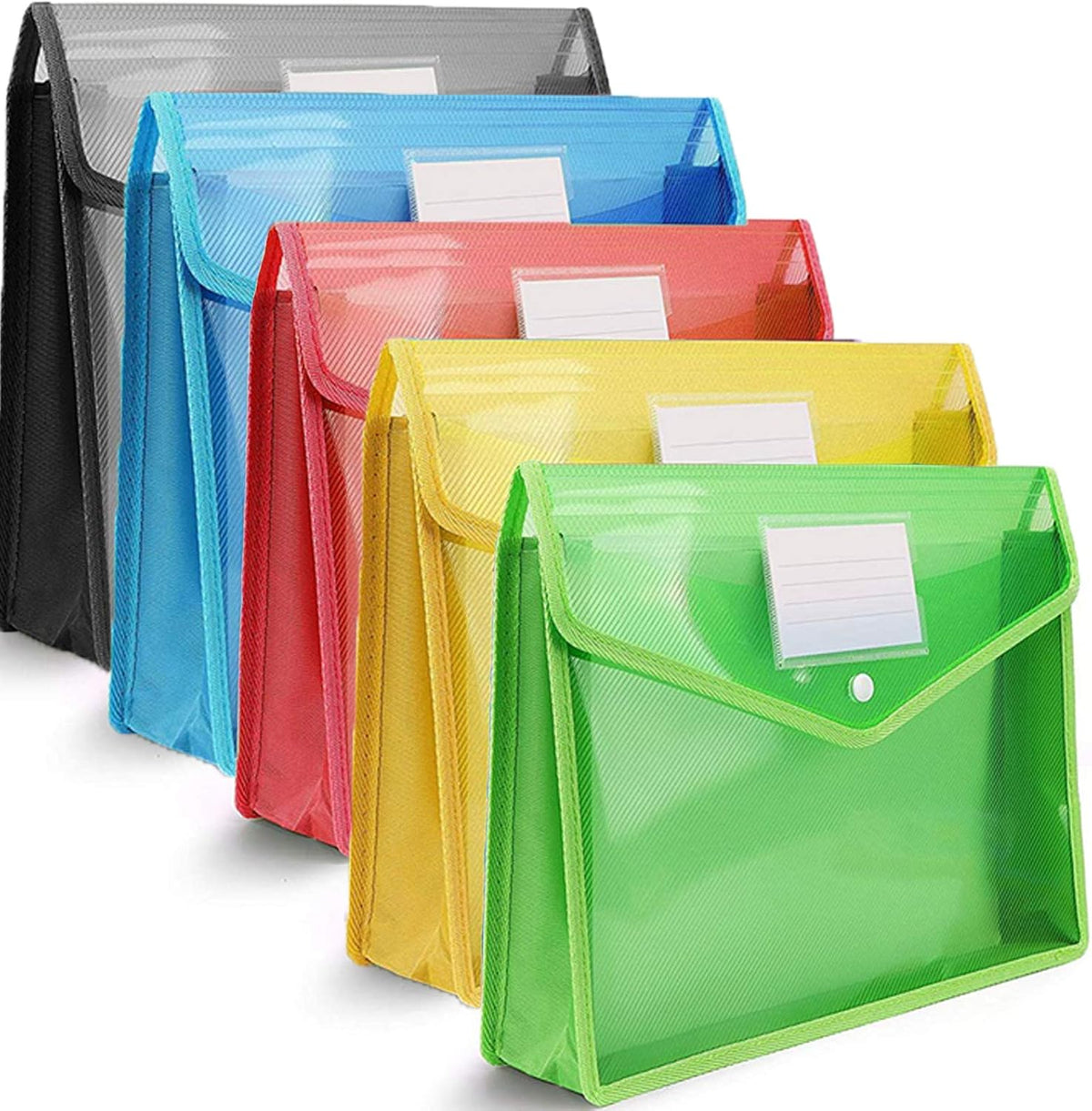 A4 plastic wallet - set of 5 popper wallets plastic folders premium pocket map envelopes for school office home with press stud closure - large capacity