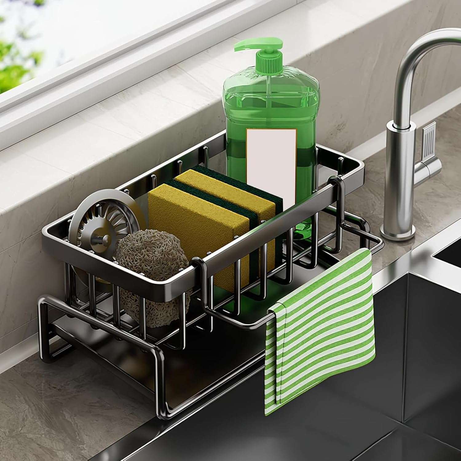 Multifunctional kitchen sink caddy - black stainless steel sponge holder - countertop cleaning rack with removable cloth holder - dish drying rack for kitchen and bathroom (black)
