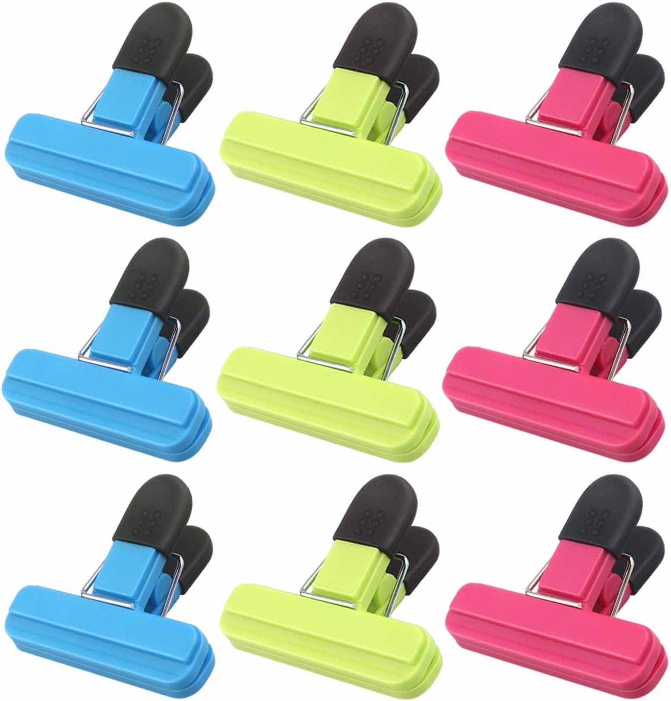 Set of 9 food clips - sturdy, airtight, reusable in 3 colours to keep food fresh - perfect for home, the kitchen, travelling and camping