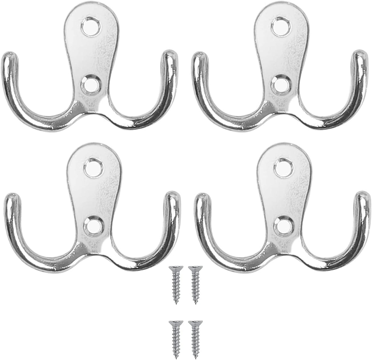 4 pieces of coat hooks with double pins, metal coat hangers, double coat hooks, suitable for bathroom, bedroom, door, wall, clothes, can hang jackets, scarves, bags, towels, keys, hats, with 8 screws