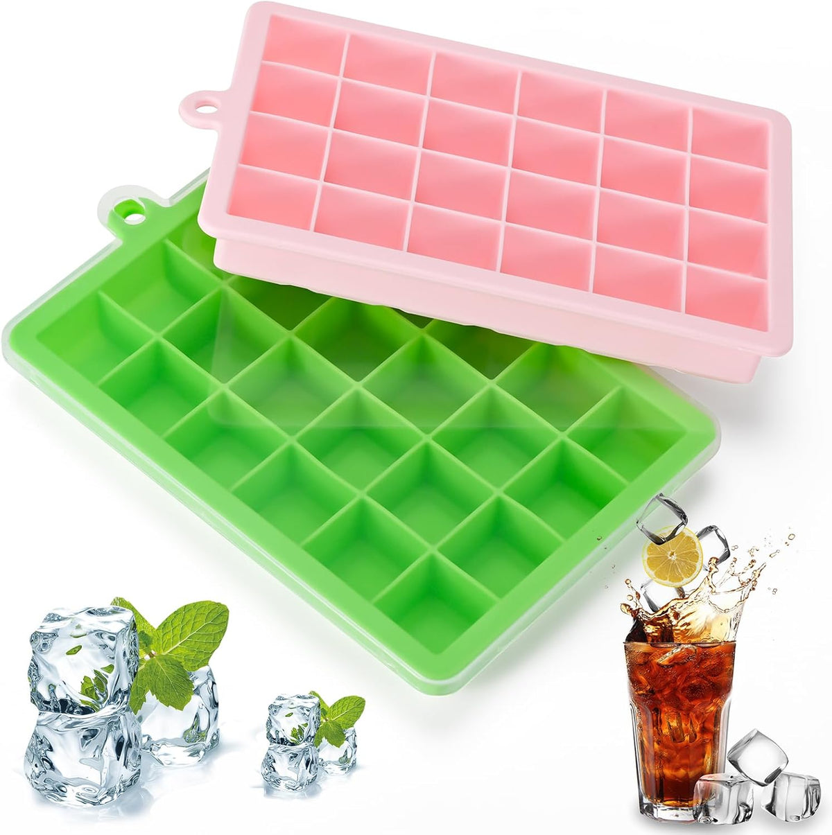 Silicone ice cube trays, flexible ice cube molds with removable lids, set of 2 ice cube trays, 24 ice cube molds per tray, suitable for whisky (pack of 2) (pink + green)
