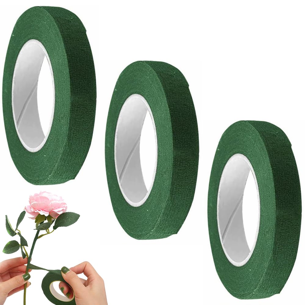 3 rolls of flower tape - 12 mm wide dark green flower tape for wrapping bouquet stems and DIY craft projects - 30 metres per roll
