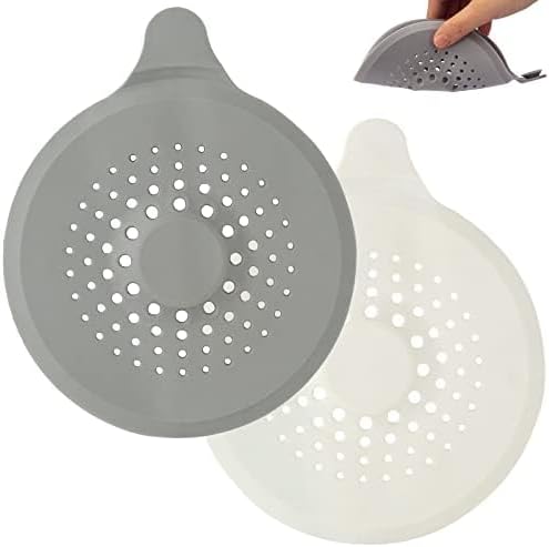 2-pack shower drain hair catchers with strong suction cups, silicone sink strainer protector, shower drain cover, hair stopper, sink strainer for bathroom, bathtub, kitchen sink (white + grey)