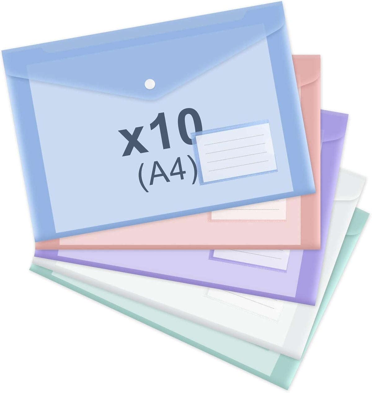 10 pieces of A4 plastic envelope folders, transparent envelopes with press studs, A4 folders with label pockets for school, homework and office, 5 colours