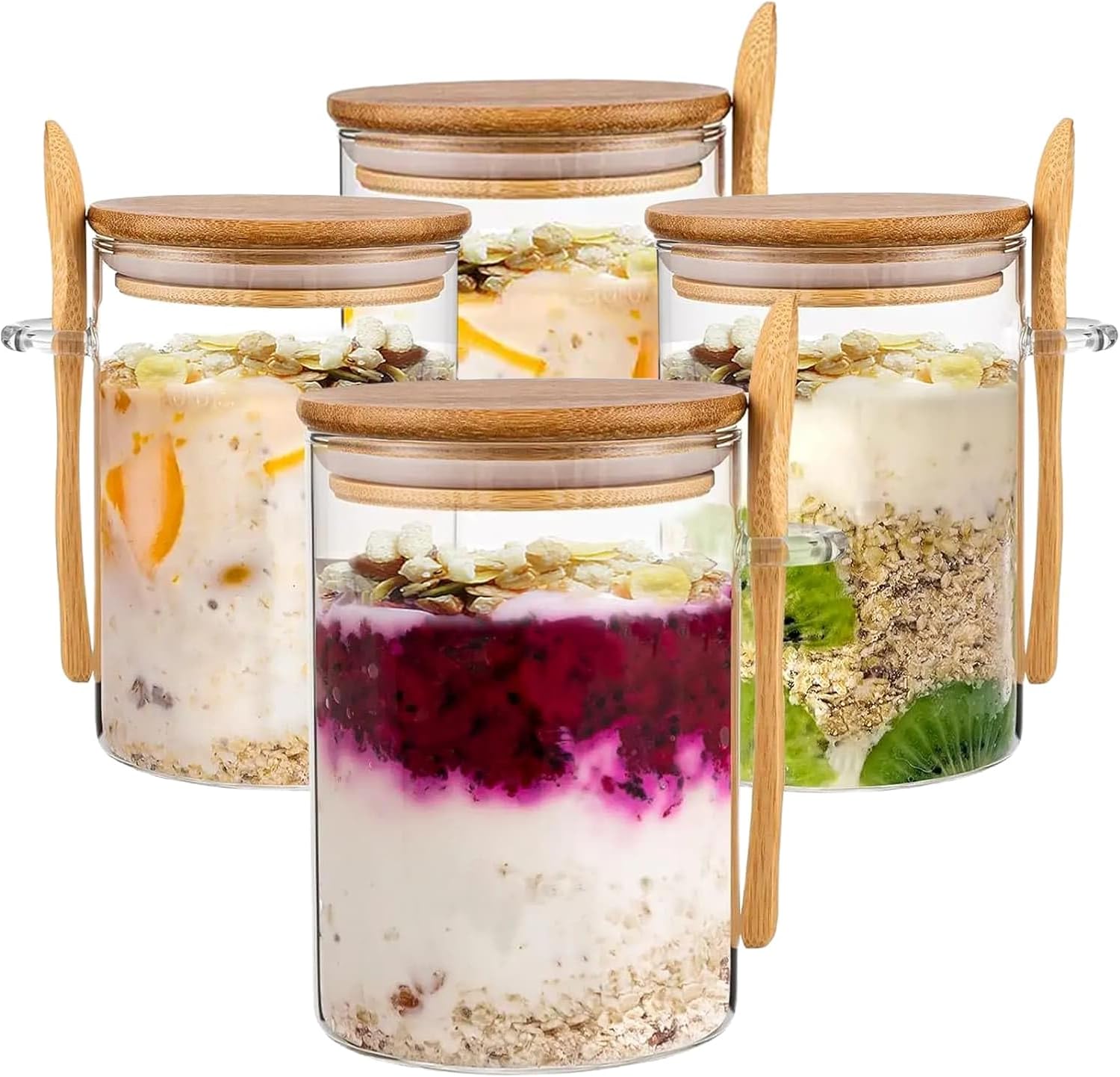 4-pack overnight oats containers with wooden lids and spoons, 473 ml overnight oats jars, glass food containers for oatmeal, chia seed pudding, yoghurt, salad and breakfast cereals