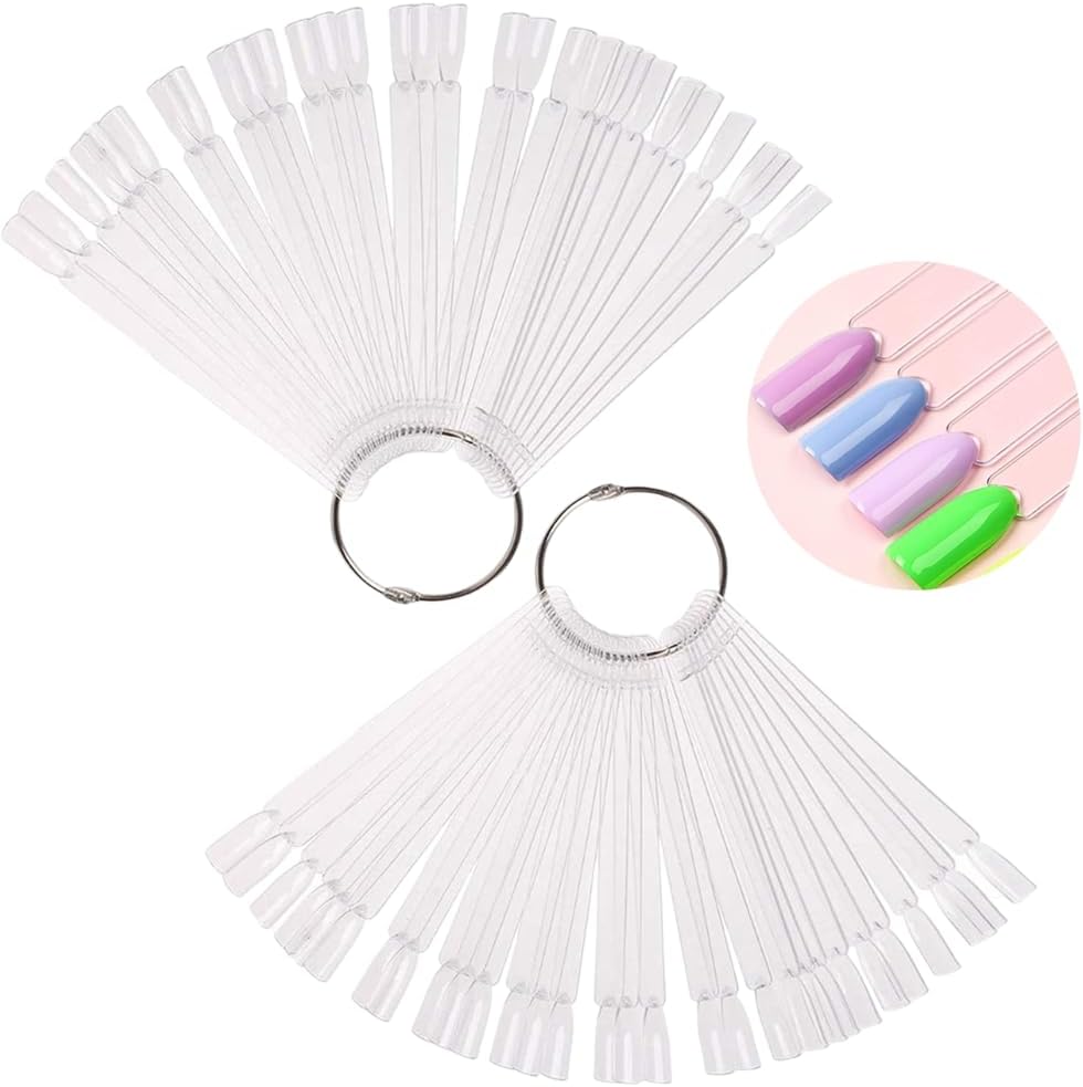 100 transparent nail sticks in fan shape, nail polish sticks, nail display sticks, transparent plastic pointed color sticks with metal ring for salons and beginners