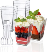 Mini dessert cups (with spoon) 50 pieces reusable- transparent- square plastic dessert cups- cheesecake pots- multifunctional dessert bowls for mousse pudding- dessert party supplies