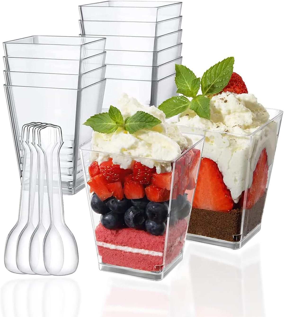 Mini dessert cups (with spoon) 50 pieces reusable- transparent- square plastic dessert cups- cheesecake pots- multifunctional dessert bowls for mousse pudding- dessert party supplies