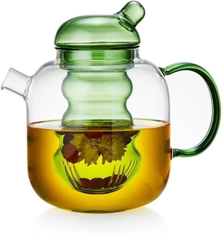 Handmade glass teapot for the stove with removable glass tea infuser - 2-in-1 flower teapot - Suitable for electric cooktops and kitchen appliances (colour: green)