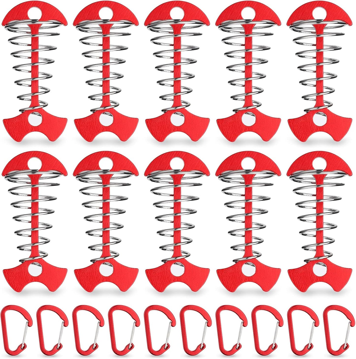 Carabiner Hook - Red - 10-pack - Ceiling Anchor with Carabiner Hook - Aluminium - Anchor - Spring Pin - Camping - Outdoor - Fishbone - Tent Anchor - Tent Rope - Spanner - Fishing Line - Adjuster - Pin