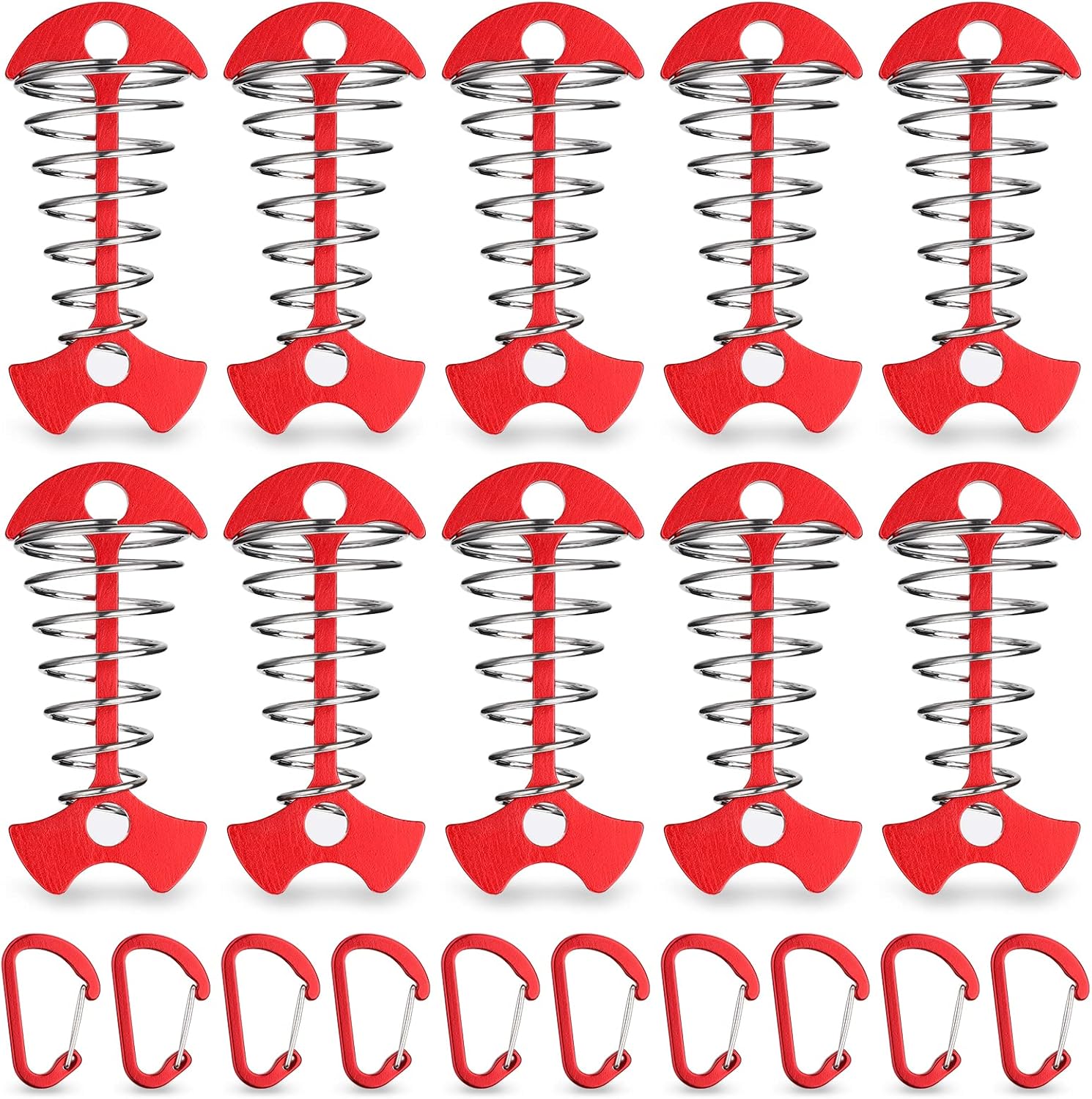 Carabiner Hook - Red - 10-pack - Ceiling Anchor with Carabiner Hook - Aluminium - Anchor - Spring Pin - Camping - Outdoor - Fishbone - Tent Anchor - Tent Rope - Spanner - Fishing Line - Adjuster - Pin