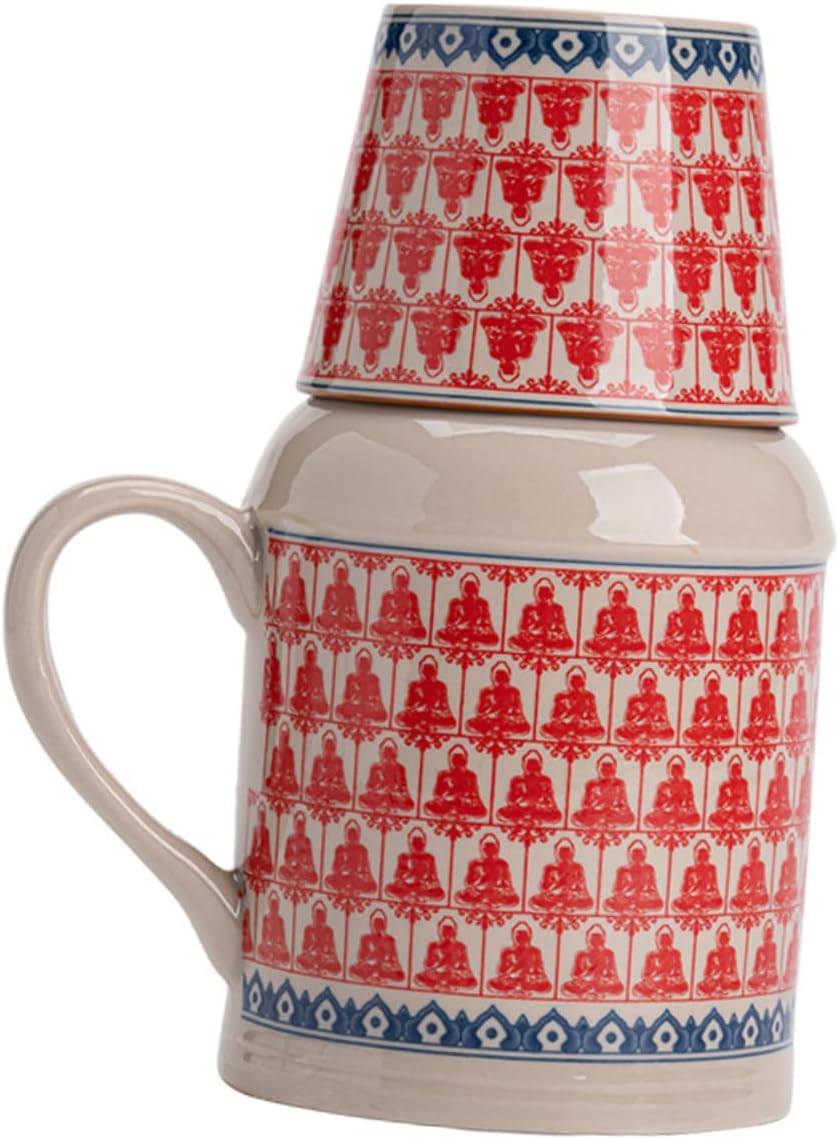 Ceramic teapot set with teacups - white body with red patterns and blue rim - cork stoppers - traditional style - 460 ml
