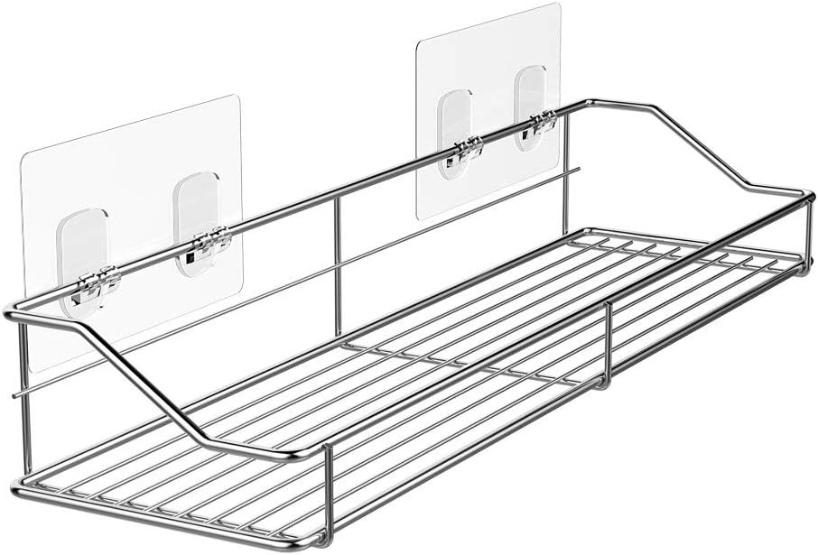 Storage rack for the bathroom, shower and kitchen - uses traceable transparent glue - no drilling required - stainless steel SUS304 - 15.75 inches - silver