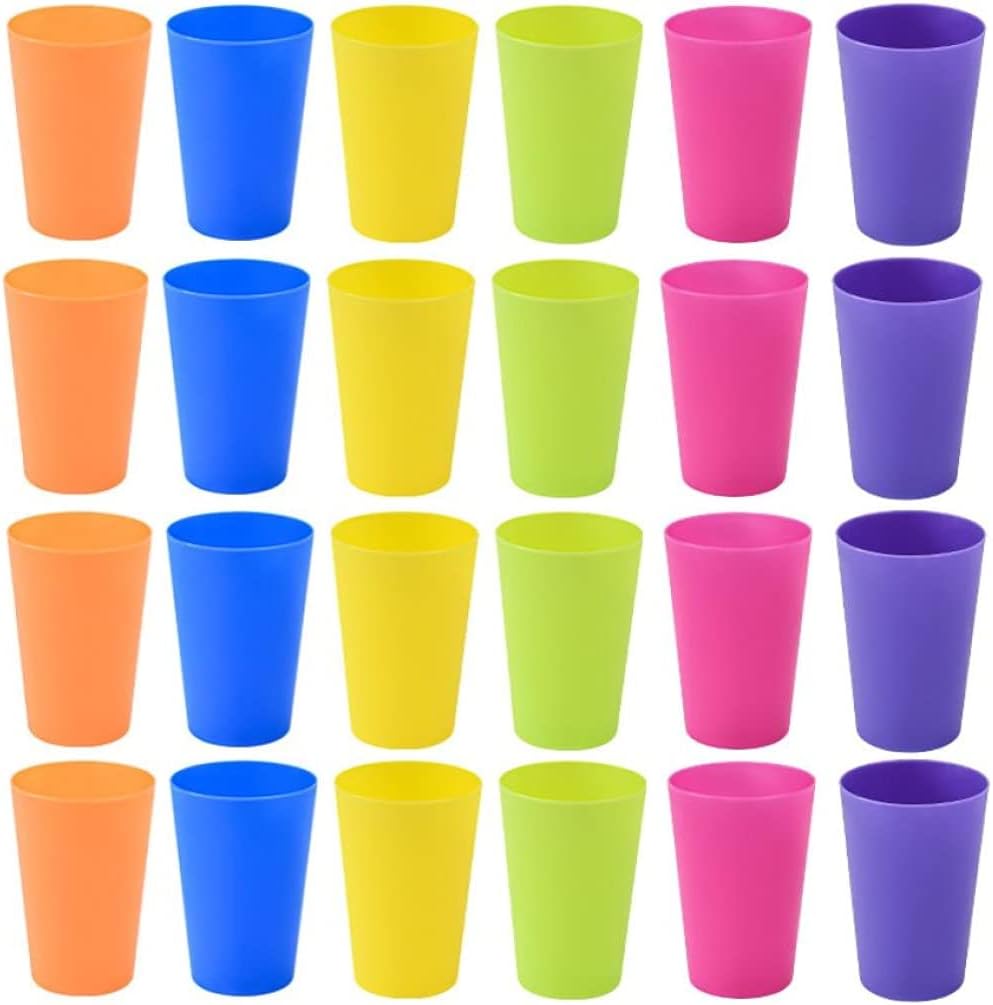 Set of 24 reusable plastic cups, 250 ml, durable plastic drink cups for kids, for use in the kitchen, outdoors, parties, picnics, barbecues, travel (6 bright colours)