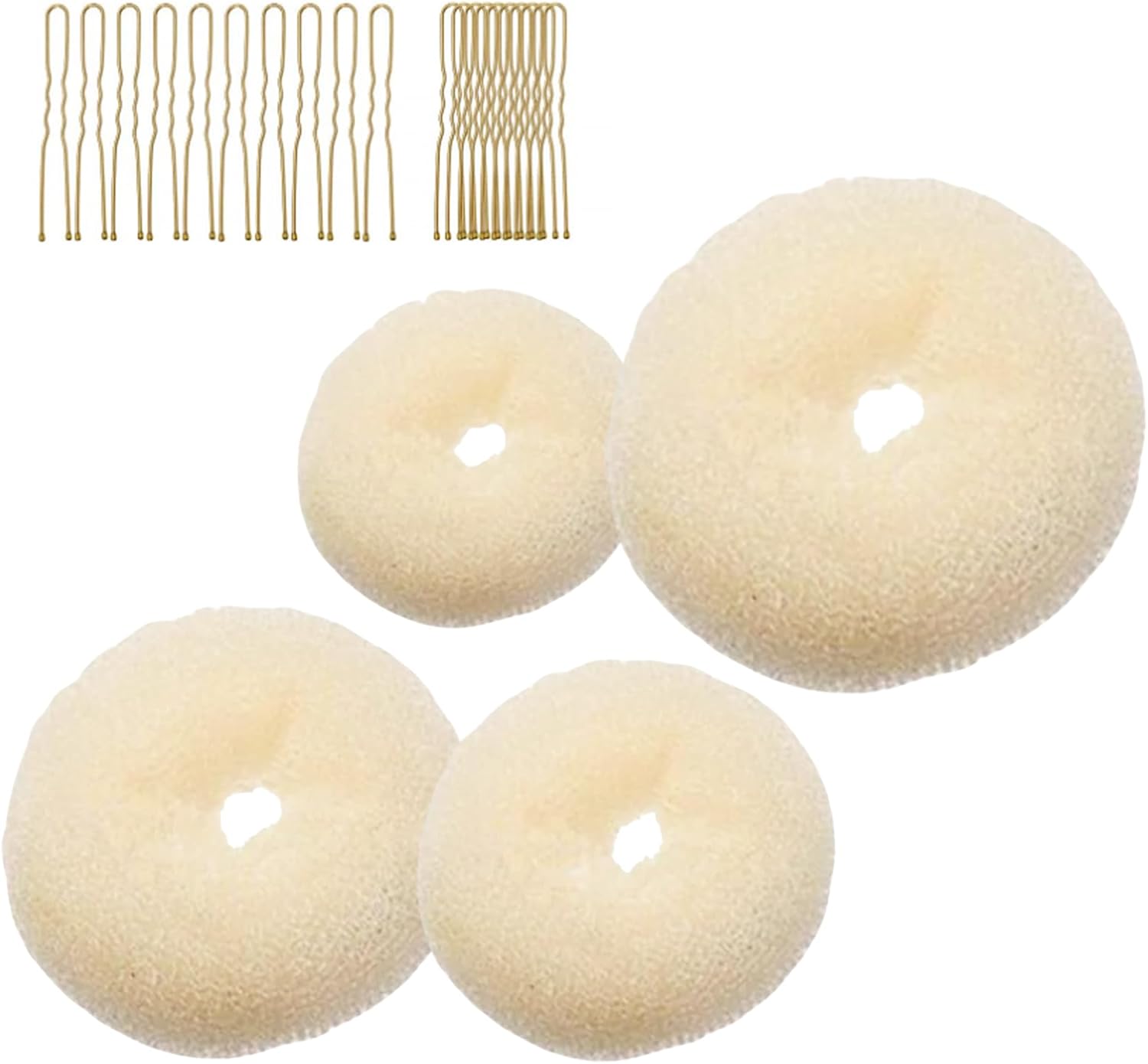 4-piece ring donut bun styler set with 20 gold hair clips, beige donut bun maker, hair rings, styling kit for dancers, ballerinas, girls, etc. and daily hair styling DIY (beige)