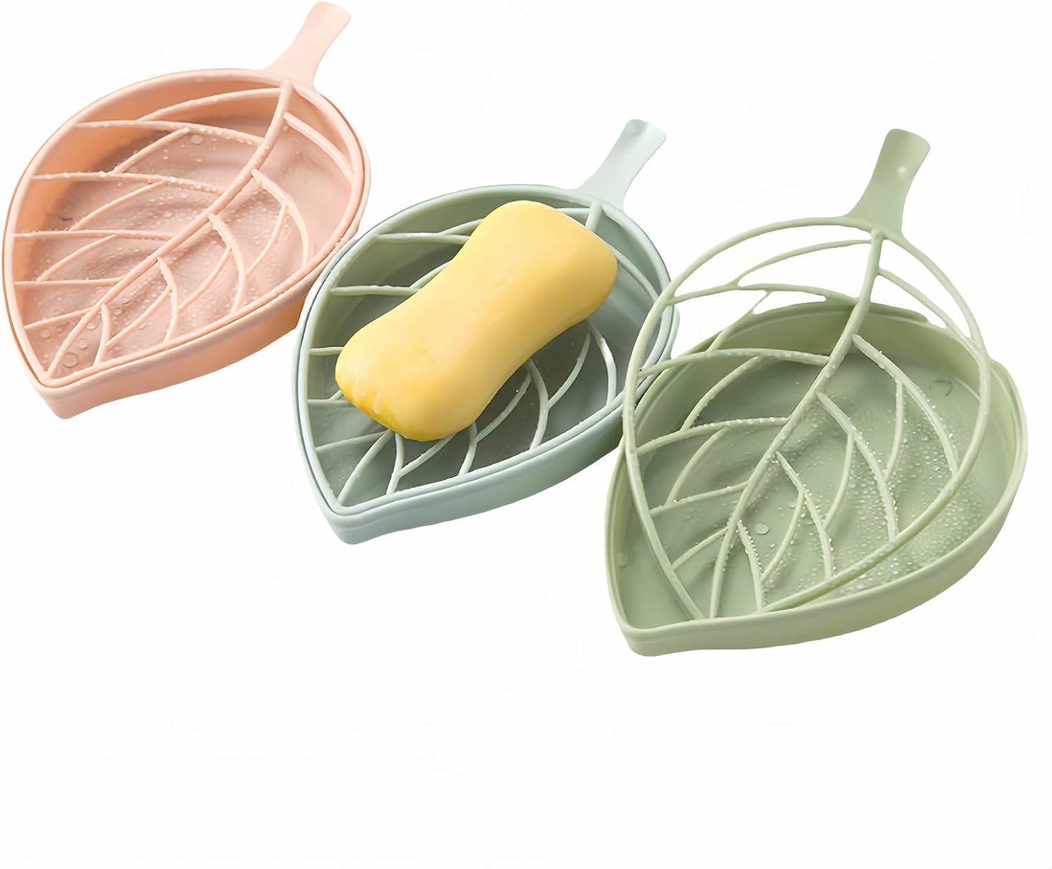 Soap dish set in leaf shape - soap dish and draining rack with double layer leaf design - removable wall-mounted storage rack suitable for showers - no drilling required (light green/blue/pink)