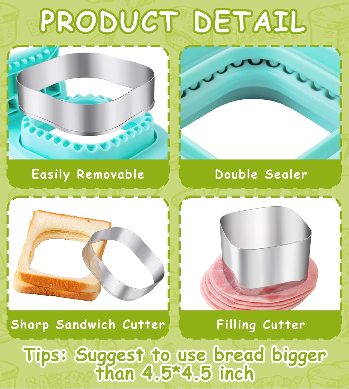 Sandwich Cutter/Sealer - Making Bread - DIY Bread - Square - Stainless Steel - Bread Cutter - Suitable for Kids - Boys & Girls - Lunch & Breakfast