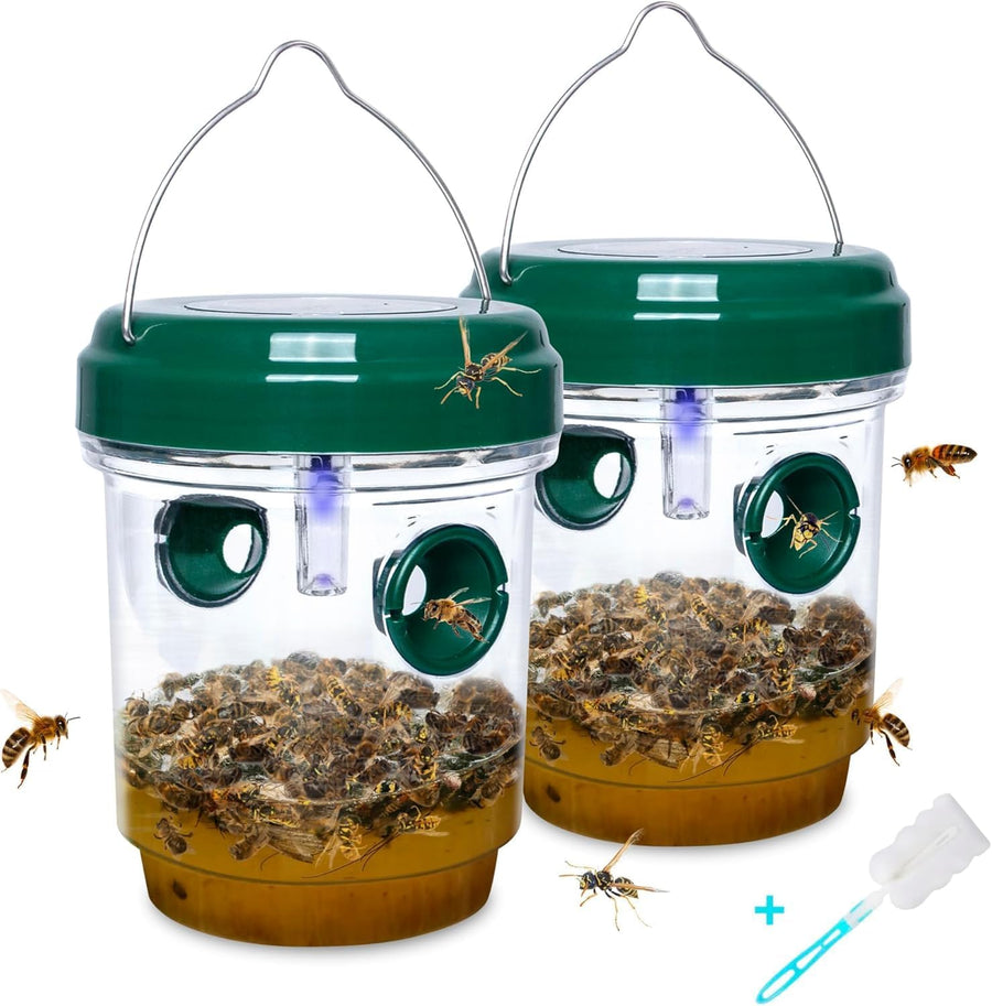 2-pack solar-powered wasp traps - Hanging wasp traps for outdoors - Suitable for wasps, hornets, bumblebees, etc. outdoors - With UV-LED light