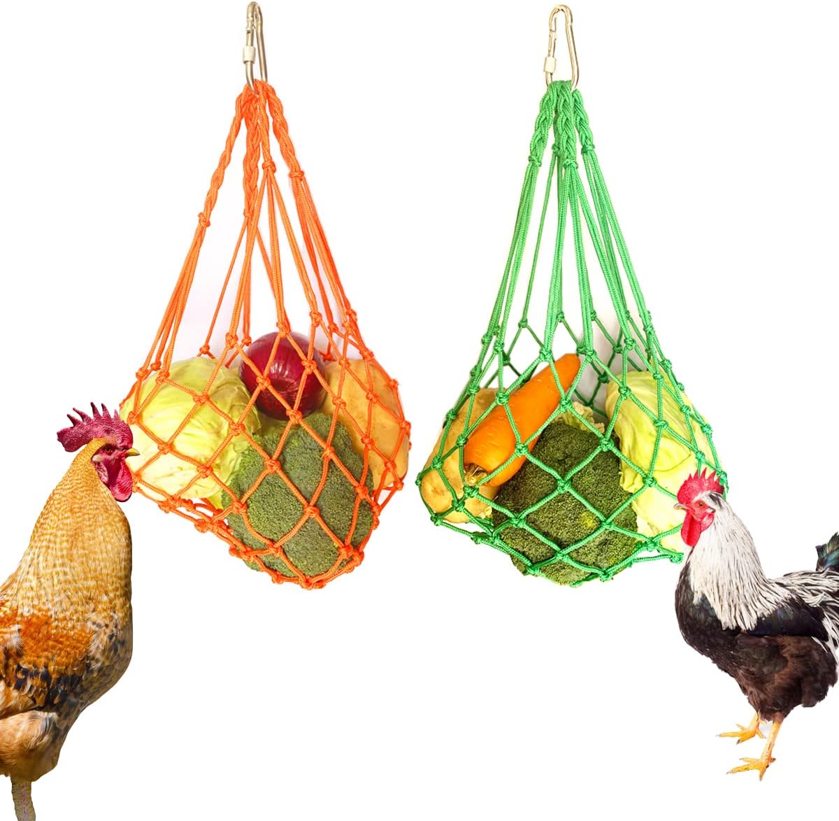 Feed bag - Feed net bag - Chicken, duck and goose feed net bag - Hanging - With carabiner - Feed tray for fruit and vegetables - 60 cm - 2 colours
