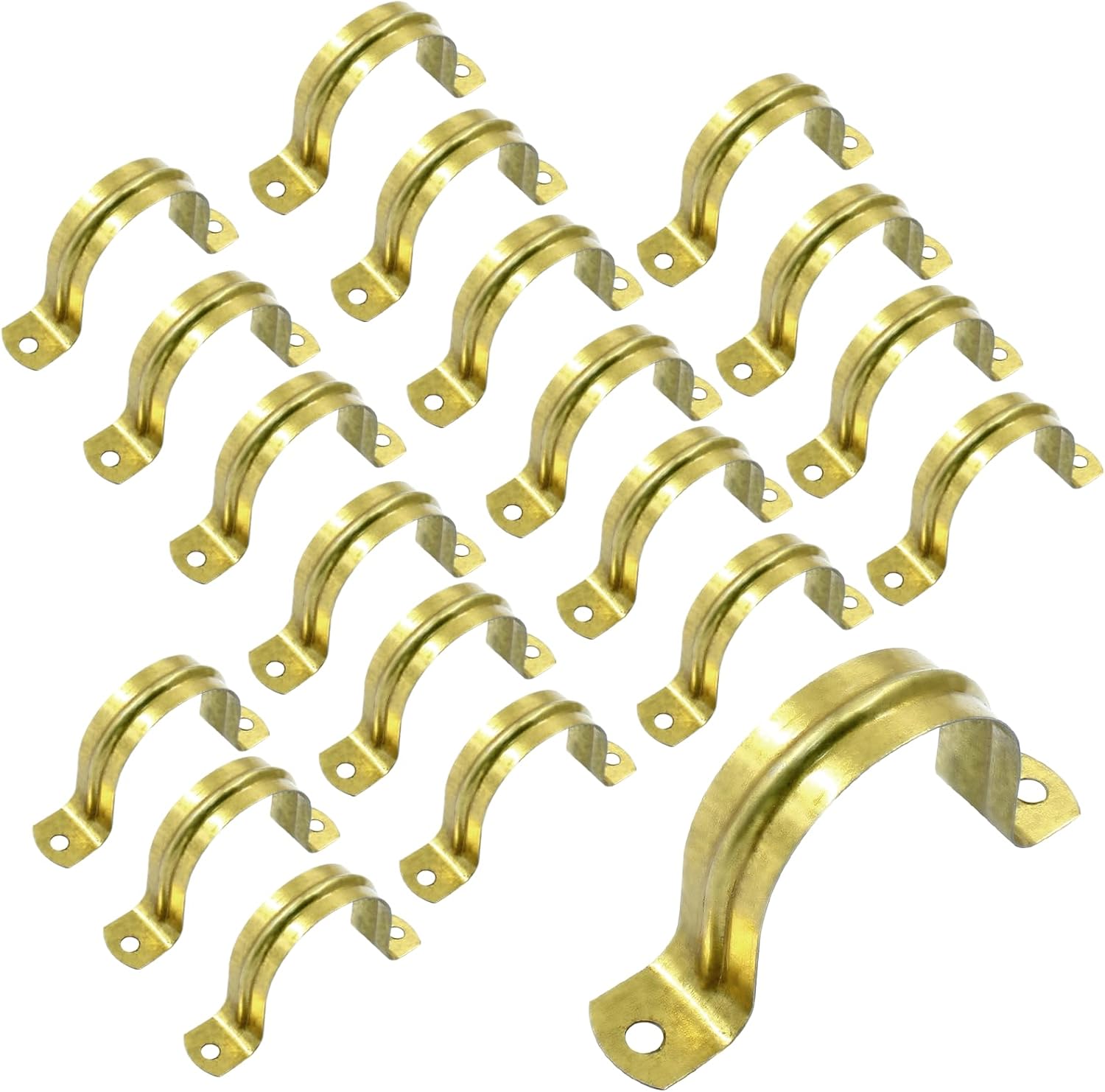 Biaungdo 20 Pcs M40 Rigid Pipe Strap, 1-1/2 Inch Stainless Steel Two Hole Strap U Bracket Pipe Clamps Heavy Duty Conduit Clamps Tension Tube Clip Cable Clamp Hanger with 2 Holes for Pipe Cable(Gold)