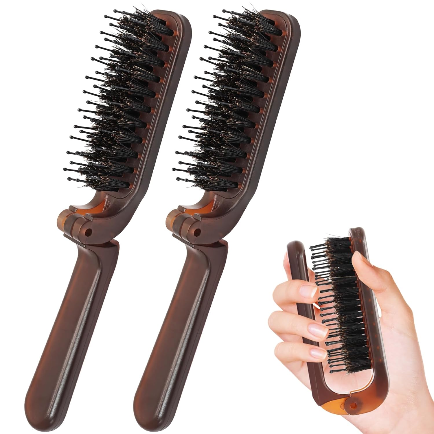 Biaungdo 2 Pack Foldable Hair Brush, Boar Bristle Hair Brush for Women & Men, Mini Travel Hairbrush Portable Collapsible Pocket Comb for Any Hair Types (Amber)