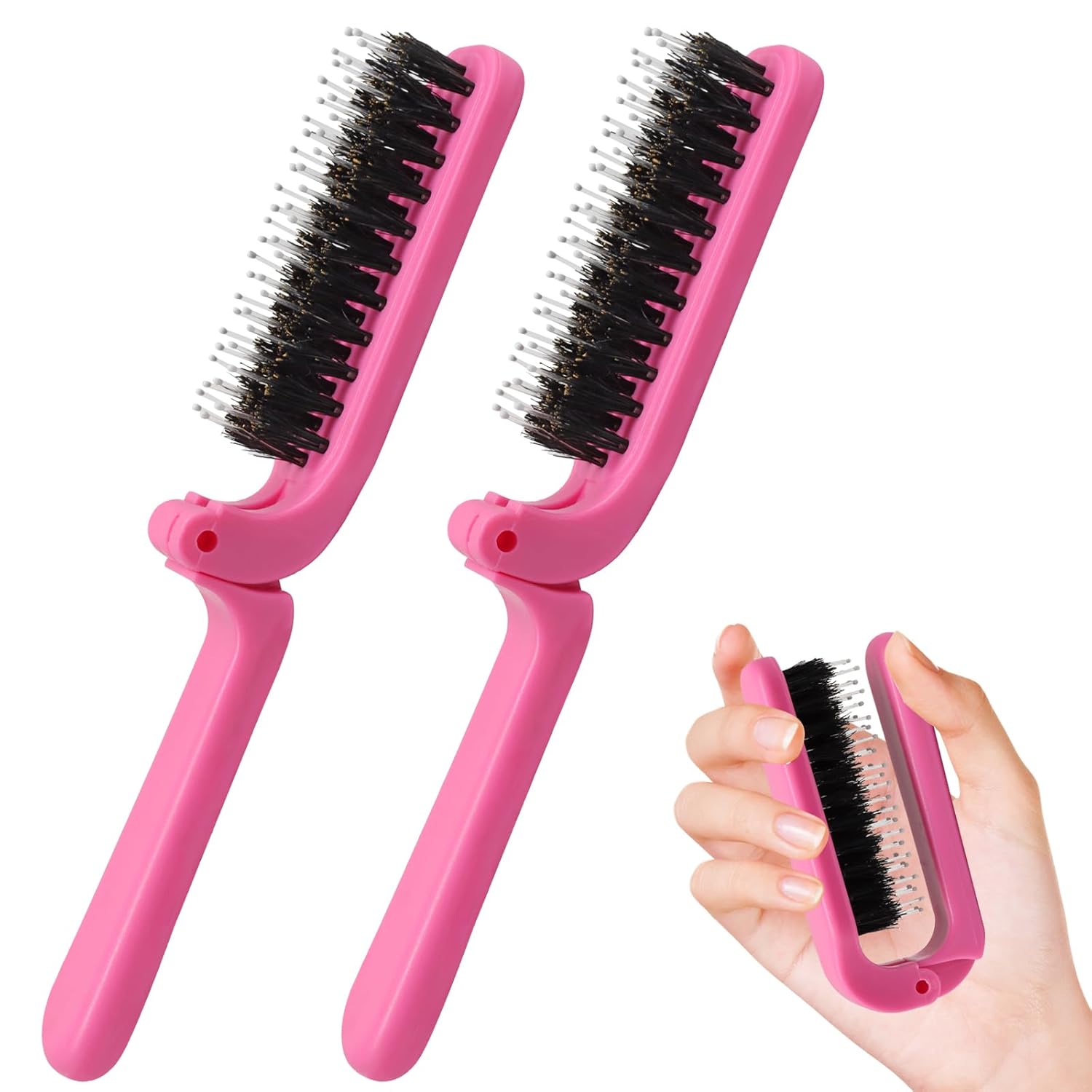 Biaungdo 2 Pack Foldable Hair Brush, Boar Bristle Hair Brush for Women & Men, Mini Travel Hairbrush Portable Collapsible Pocket Comb for Any Hair Types (Hot Pink)