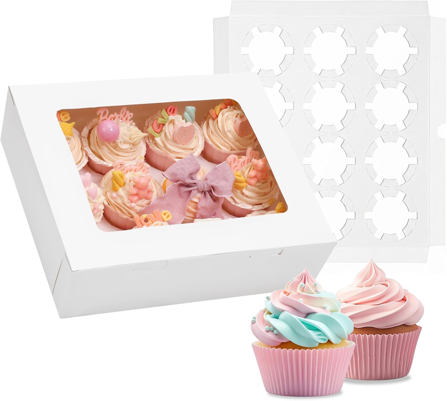 Moretoes 3PCS Cupcake Boxes with Window,Hold 12 Count Cupcake Containers for Cupcakes, Desserts, and More (White)