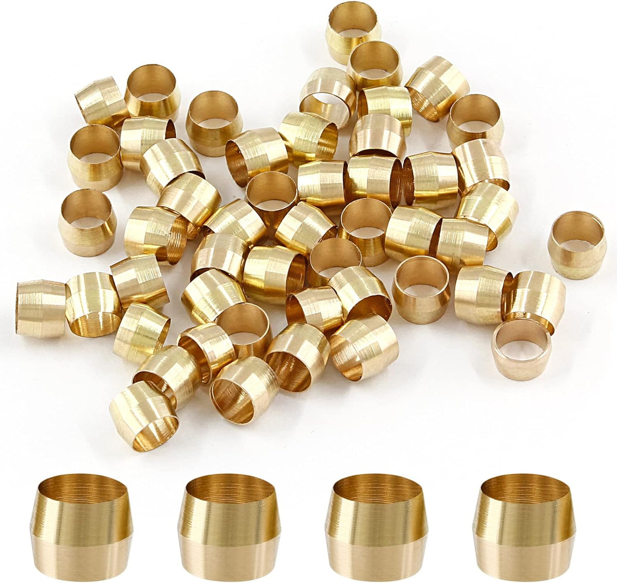 Biaungdo 50 Pcs Brass Compression Fitting, 1/4" Tube OD Compression Sleeves Ferrules Brass Compression Tube Fitting Assortment