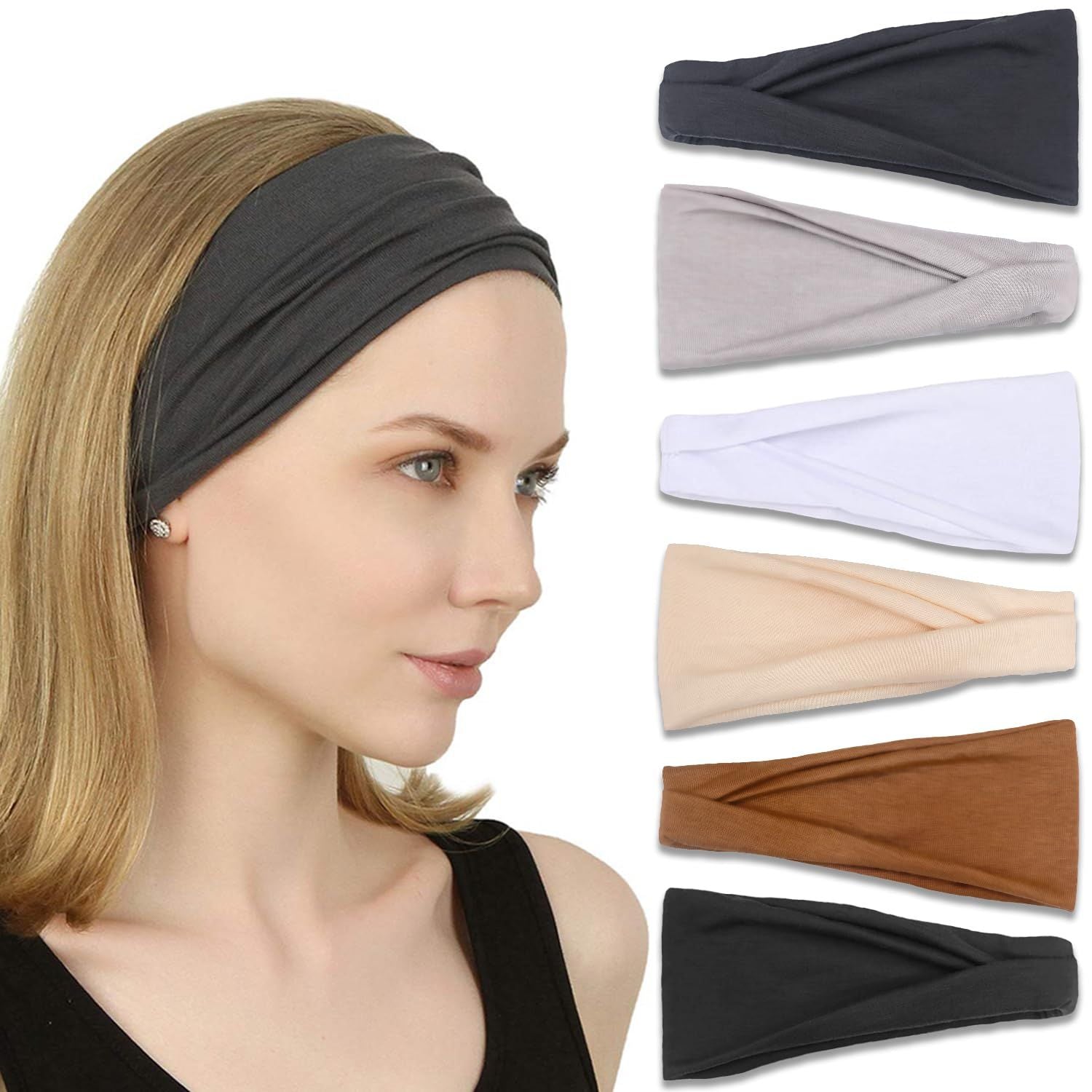 Headbands or Women, Non-Slip, Premium Stretchy Head Bands Hair Accessories,Wear or Yoga, ashion, Working Out, Travel or Running, 6 Pack, Neutral