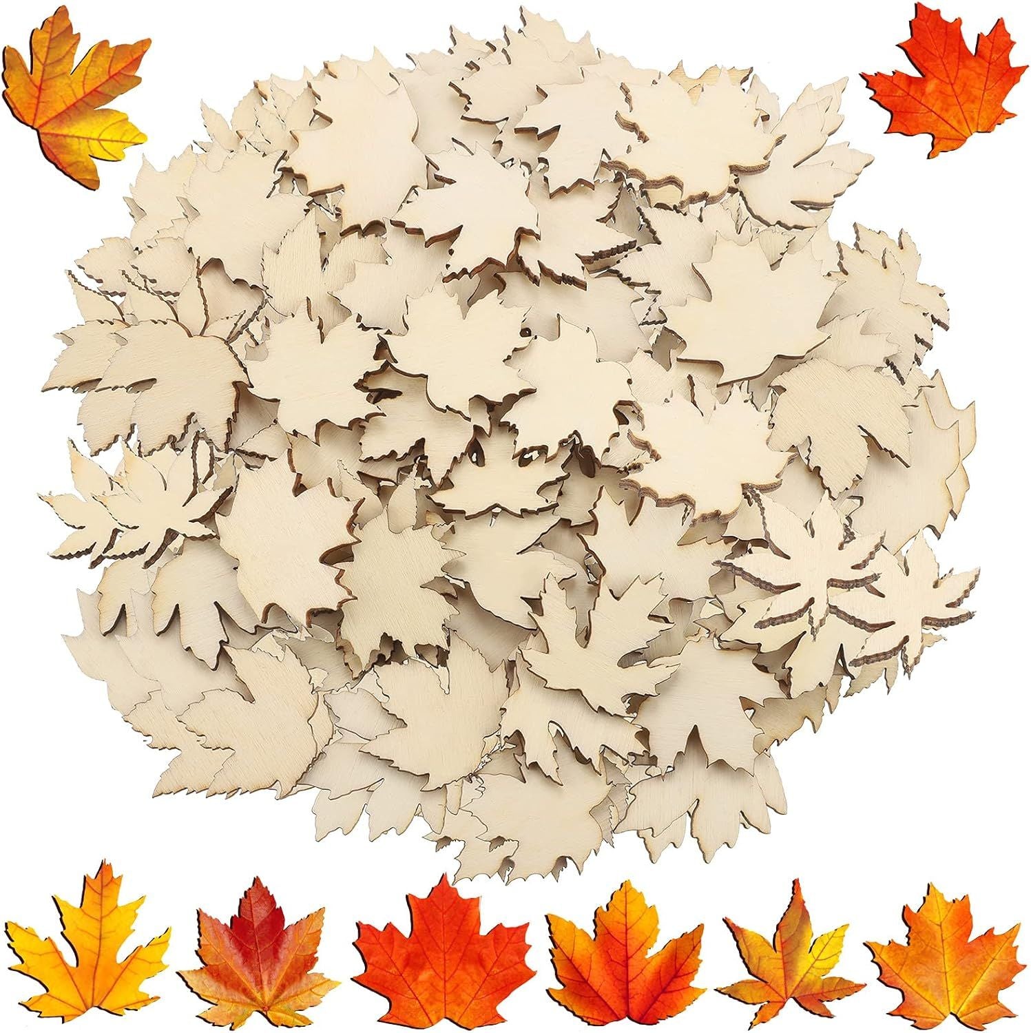 80 Pieces Thanksgiving Wooden Maple Lea Cutout Uninished Blank Wooden Slice Maple Lea Shaped Wood Pieces 1.2 Inch Mini Ornament or Thanksgiving Party all Autumn DIY Decoration