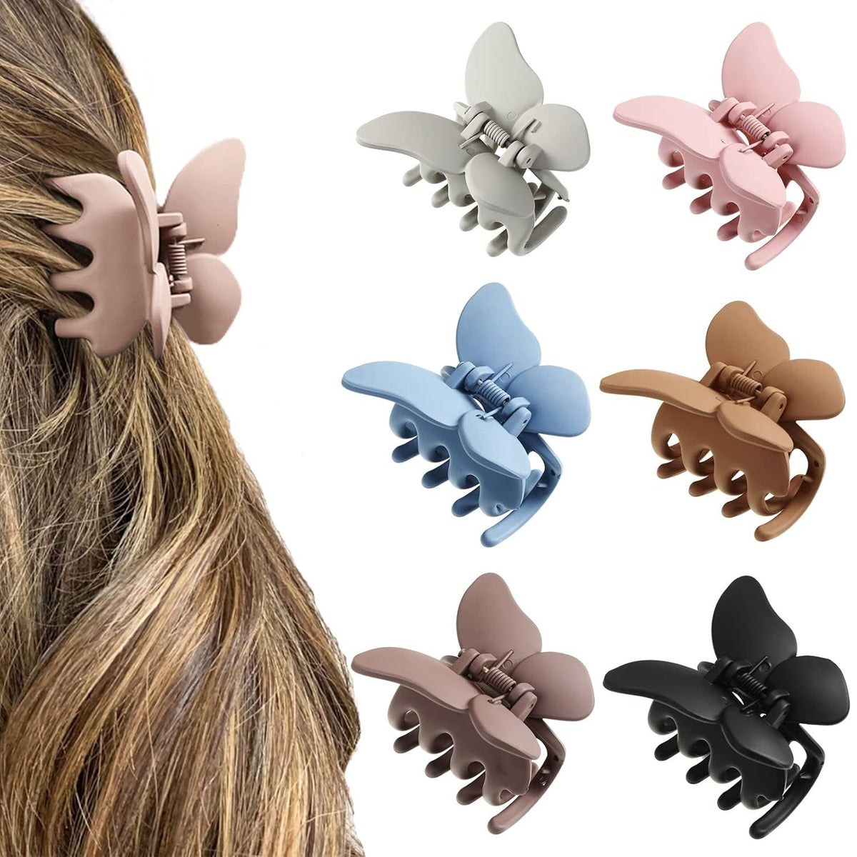 6PCS Hair Clip, 2 Inch Butterly Claw Clips or Women Girls Small Nonslip Butterly Jaw Clips or Thick Hair and Strong Hold, Pack o 6, Solid color(blue+black+white+brown+an+coee)