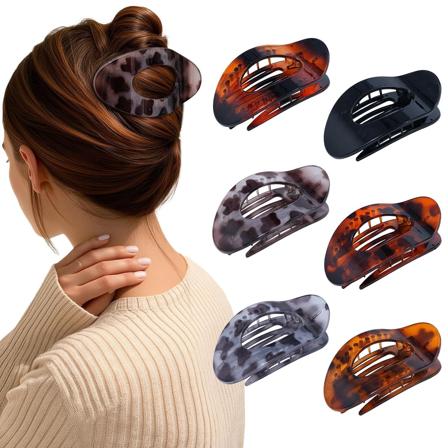 lat Hair Clips or Women 4.33" Lay lat Claw Clip or Hair 6Pcs Round Large Hair Claw Clips (Glossy - Leopard Series)