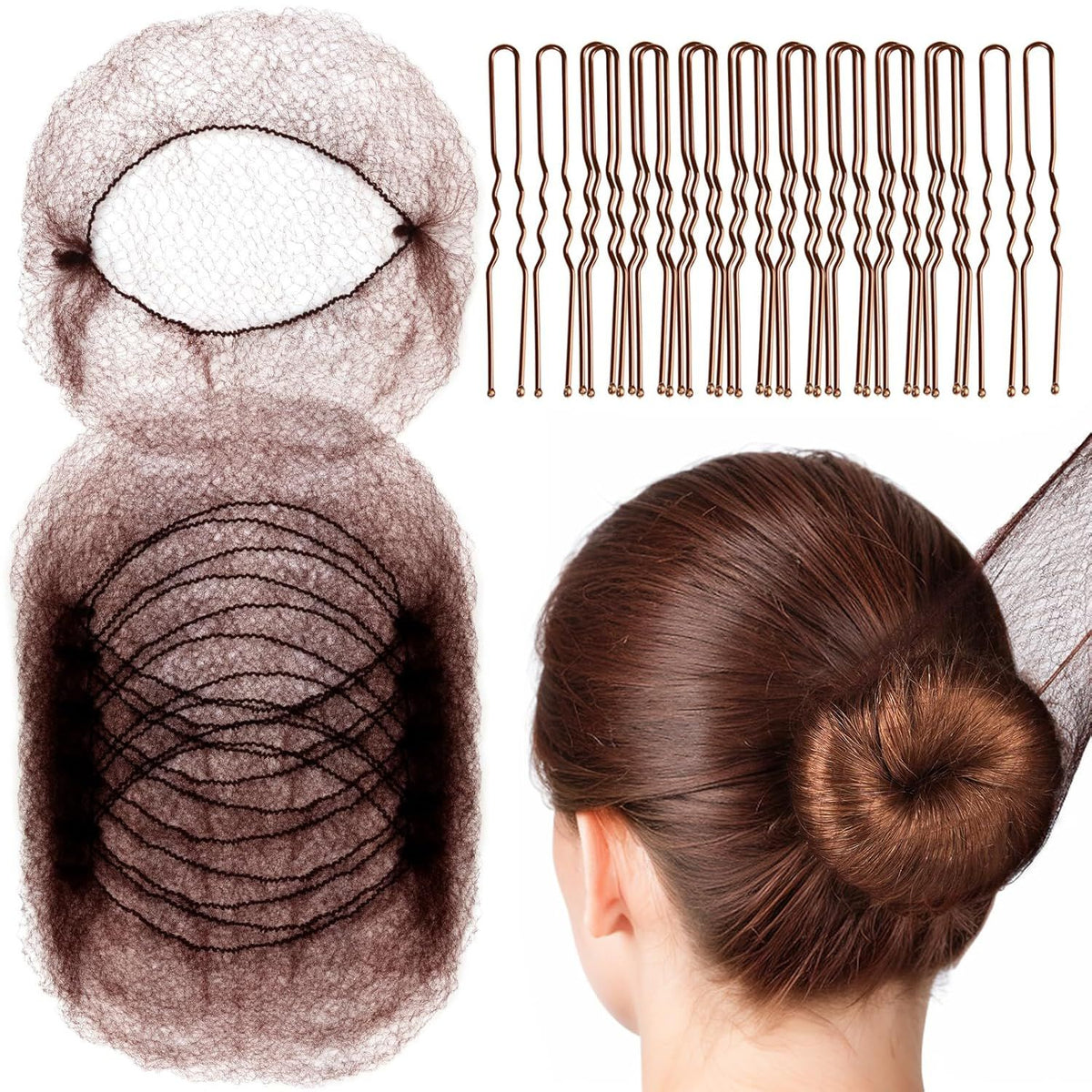Hair Accessories Set: 20PCS Mesh Hair Nets Invisible and 40PCS U Shaped Hair Pins or Women, Girls, Ballet Bun Maker & Dance (Hair Nets- 20 inch(50cm), Hair Pins- 2.4 inch(6cm)), Brown
