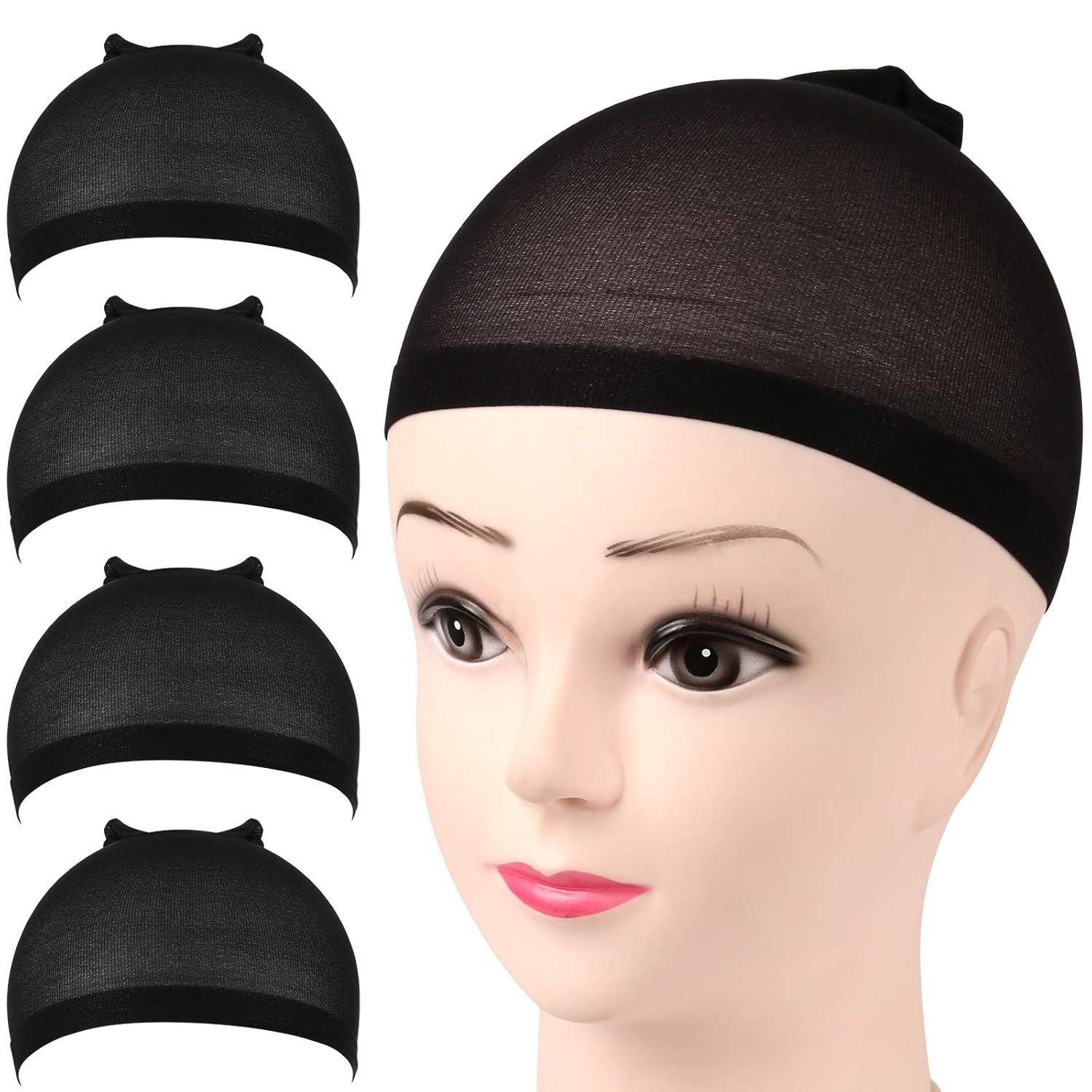 Wig Cap, Nylon Wig Caps, 4 Pieces Stocking Wig Caps or Women (Black）