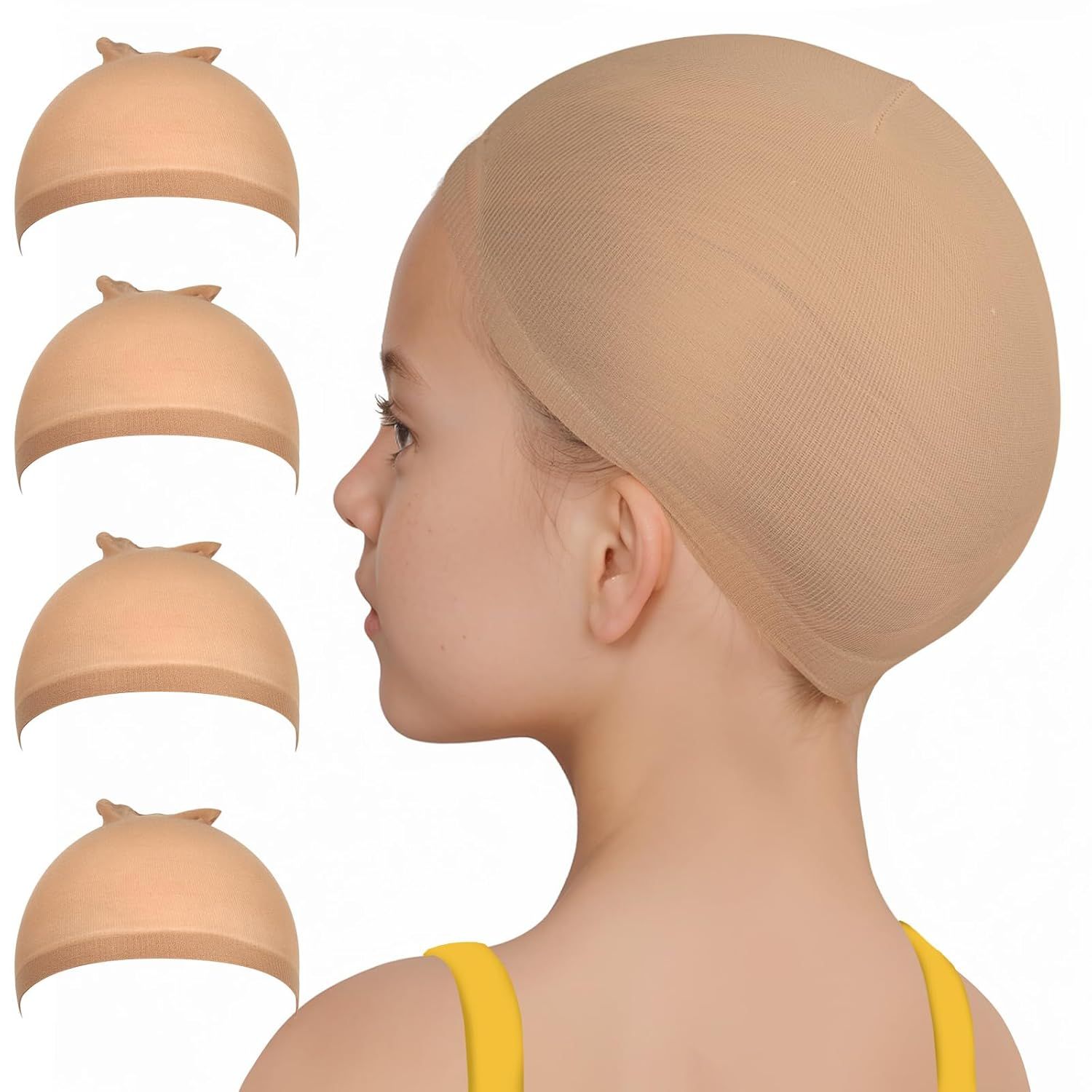 Wig Cap, 4PCS Wig Cap or Kids Light Brown. Stretchy Stocking Caps or Wigs, Natural or Halloween, Cosplay.