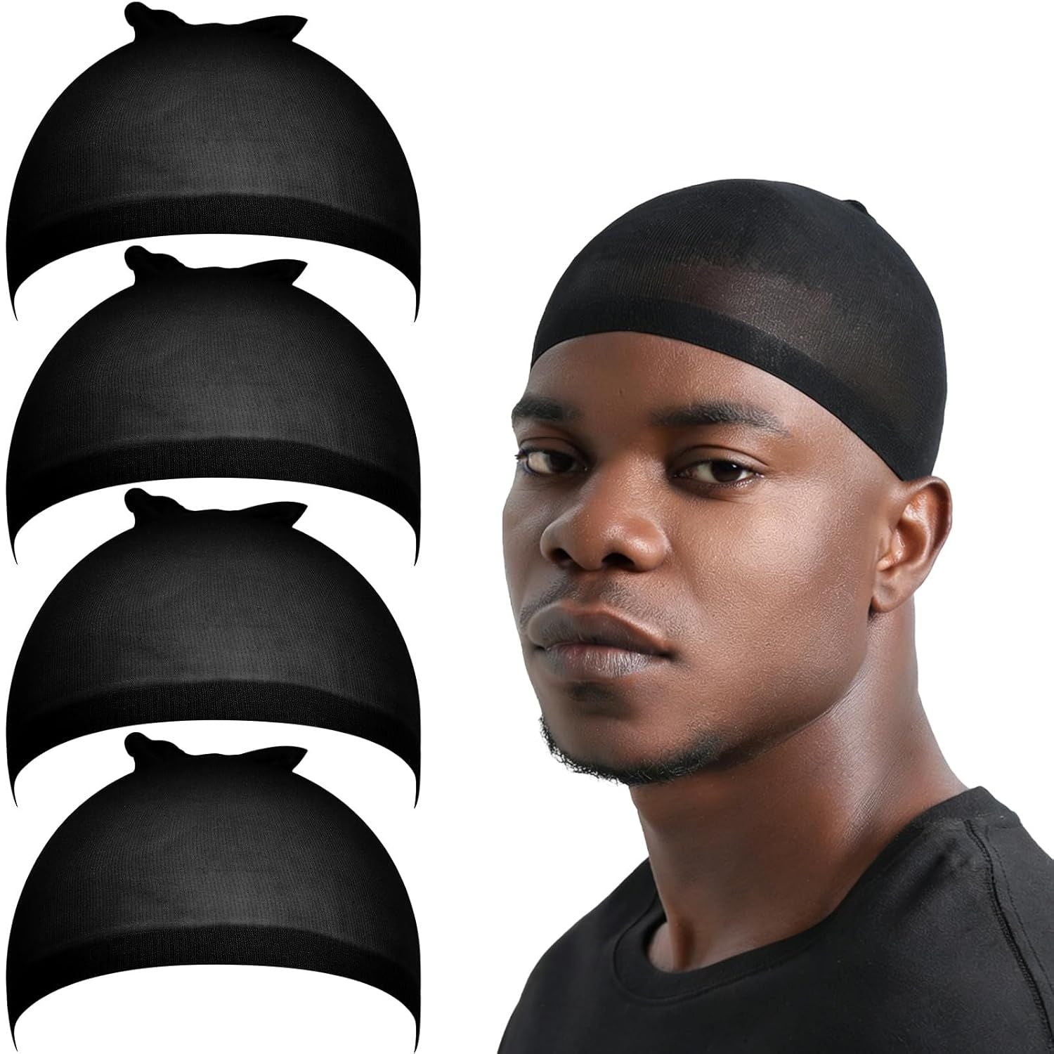 Wig Cap or Men, 4PCS Black Hair Stocking Cap, Nylon Wig Caps Black, Hair Net or Men, Stretchy, Natural, Lightweight Wave Caps