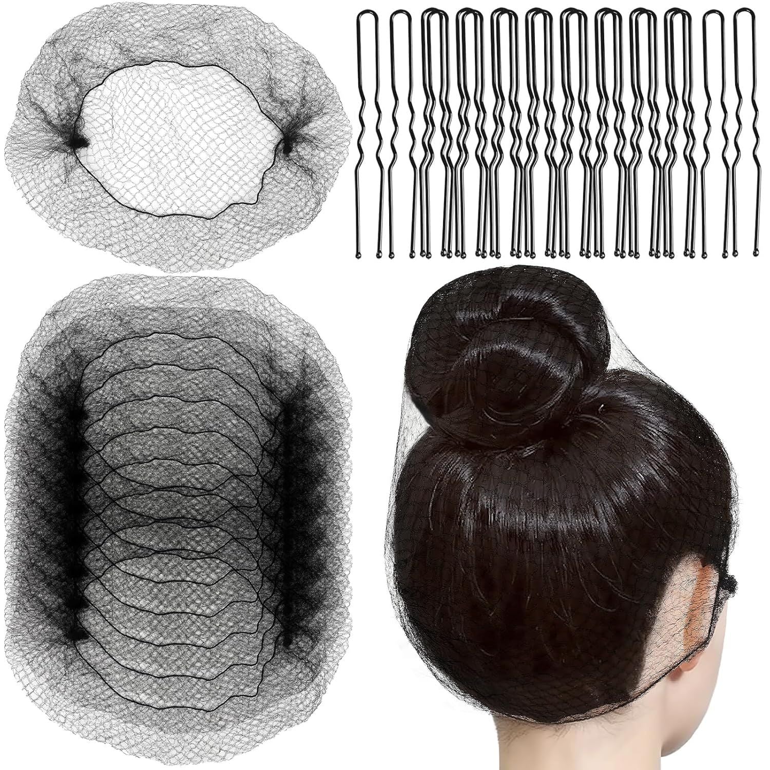 Hair Net or Women Men, Extra Large 60cm Nylon Black Hair Nets or ood Service Workers, 20 Pack Hairnets or oodservice,Dancing,Sleeping, or Ballet Buns, with 20 U-Hair Pins