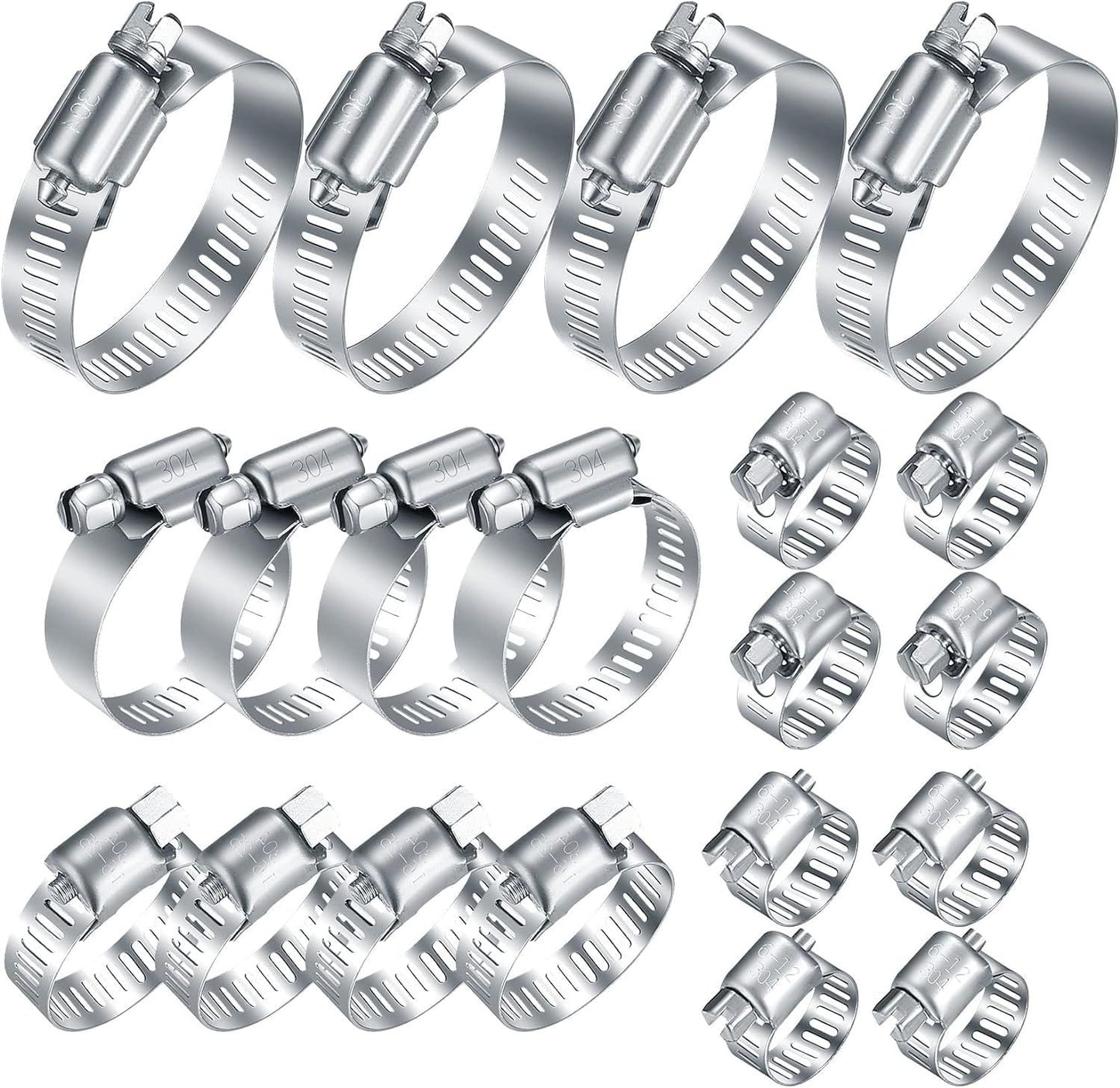 20Pcs Adjustable Stainless Steel Hose Clamps Assortment Kit, 1/4-2 in (6-51mm) Worm Gear Pipe, uel LineHeavy Duty or Plumbing, Washing Machine, Mechanical，Garden and Automotive Hose Connections