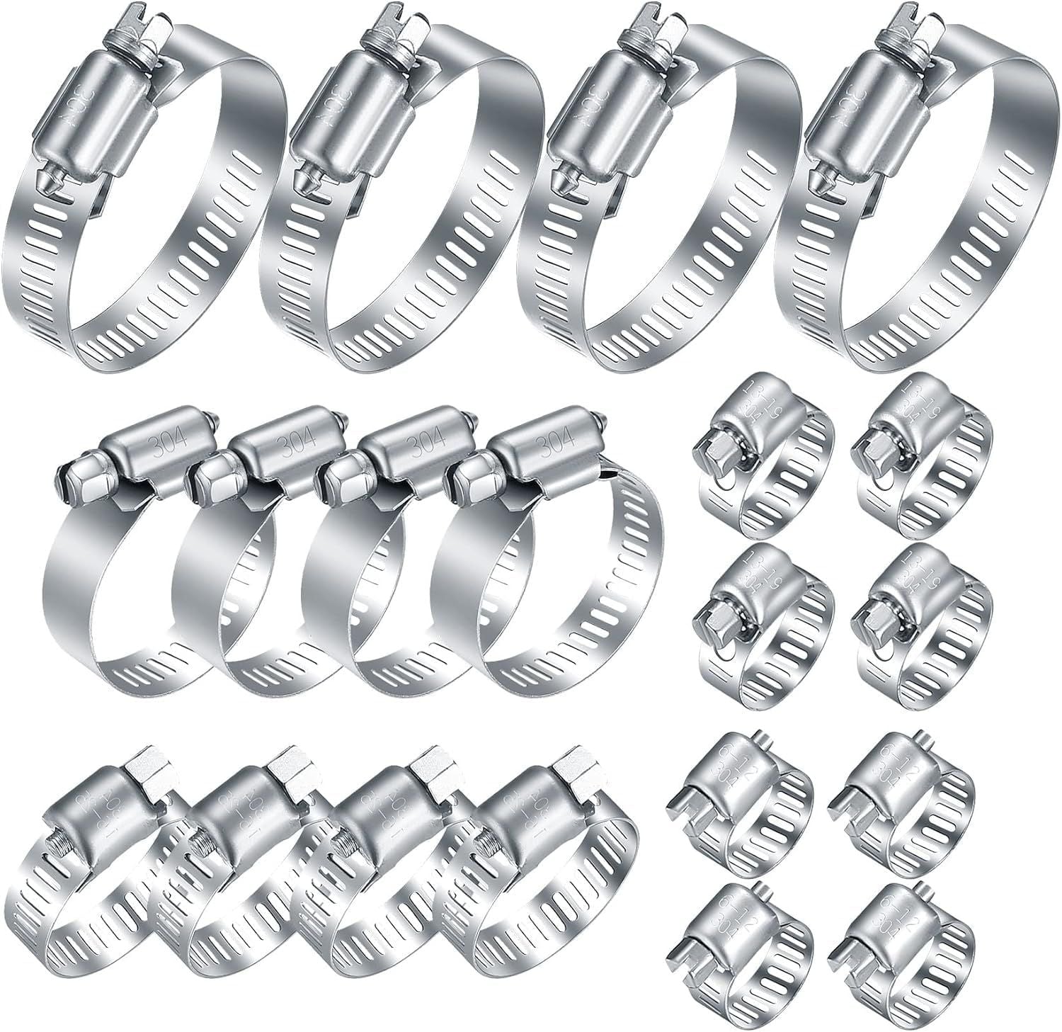 20Pcs Adjustable Stainless Steel Hose Clamps Assortment Kit, 1/4-2 in (6-51mm) Worm Gear Pipe, uel LineHeavy Duty or Plumbing, Washing Machine, Mechanical，Garden and Automotive Hose Connections