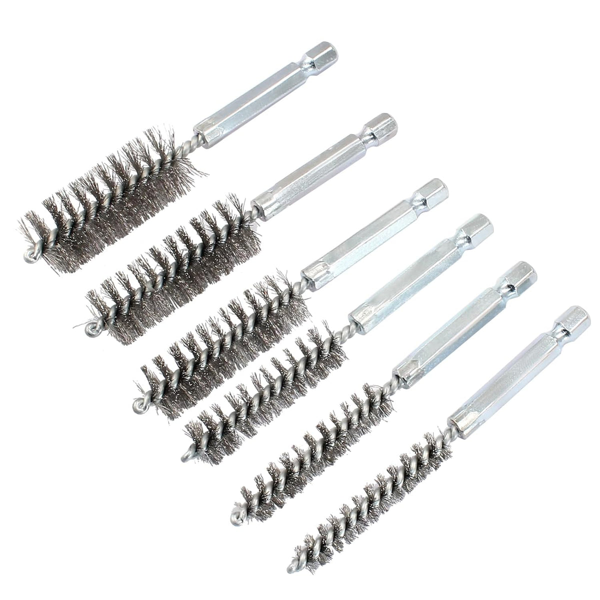 Biaungdo 6 Pcs Stainless Steel Bore Brush, Twisted Wire Drill Brush Metal Bristles Wire Brush Bore Cleaning Brush with Hex Shank Handle for Power Drill Plumbing Tools(8/10/12/15/17/19mm)