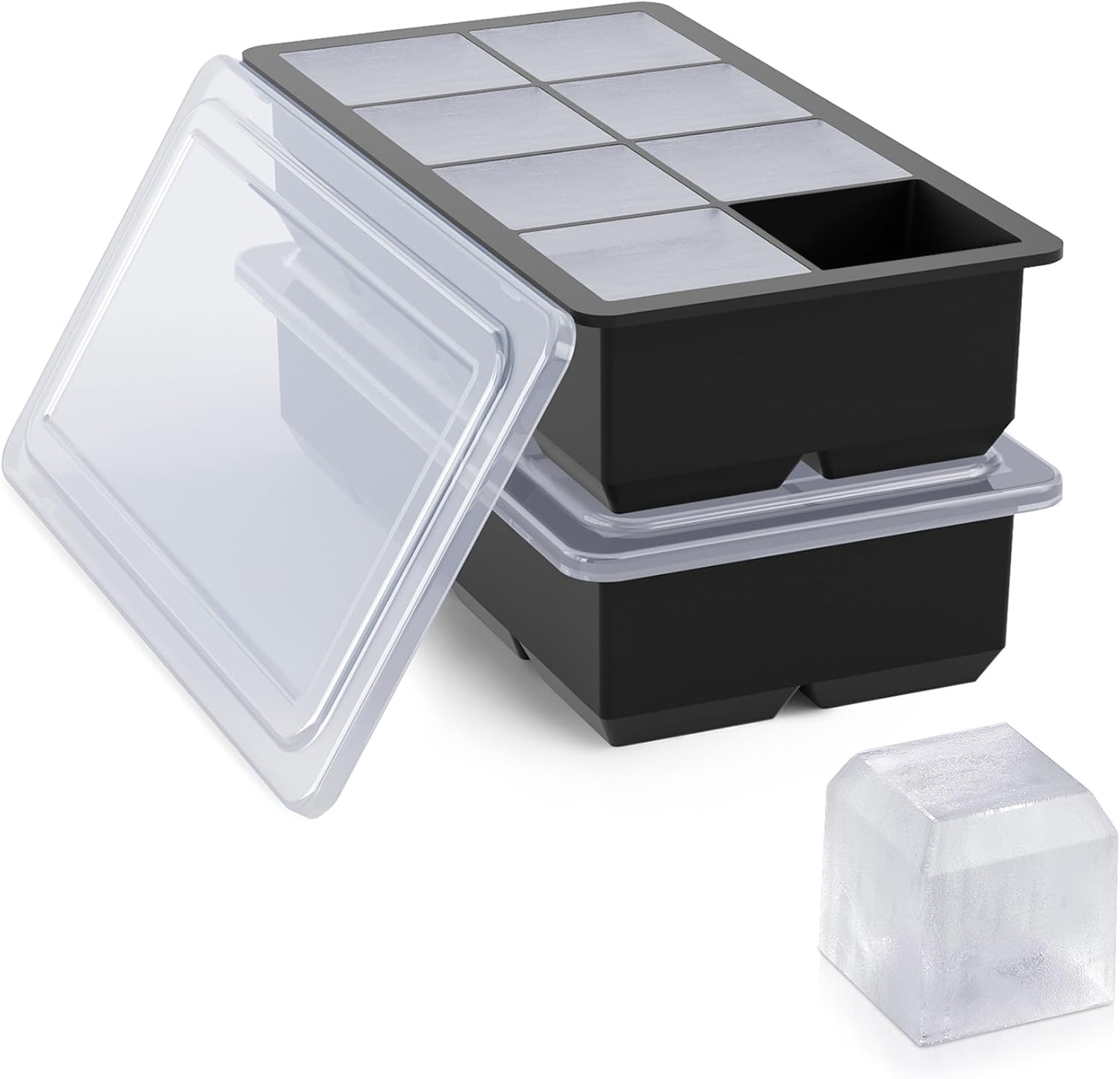 Bangp Large Ice Cube Tray for Whiskey,2 Pack Stackable Big Ice Cube Molds Make 16 Big Whiskey Ice Cubes,Easy Release Square Ice Cube Maker for Cocktails,Whiskey,Soups and Frozen Treats