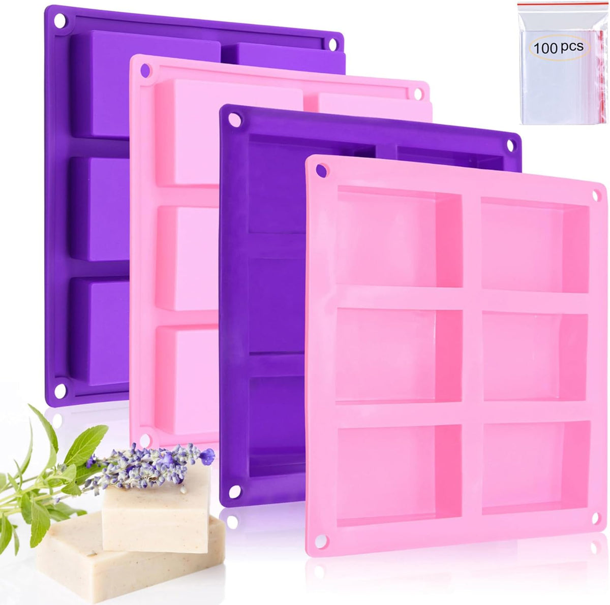 Bangp 4 Pack Silicone Soap Molds,Rectangle Soap Mold,6 Cavities Silicone Molds for Craft Soap Making,Chocolate, Cake Molds,with 100pcs 3.5x5 inches Bags