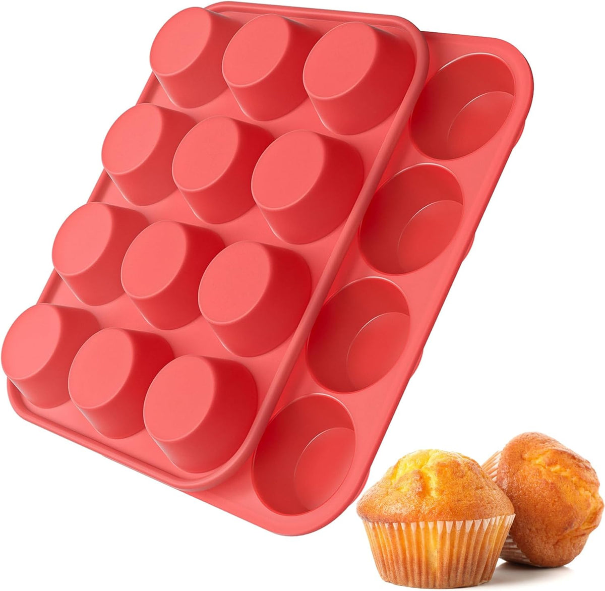 2Pack Silicone Muffin Pans with Metal Reinforced Frame,12 Cup Regular Size Silicone Cupcake Pan,Muffin Tin,Nonstick Cupcake Baking Molds for Muffins,Cupcakes,Egg Bites,BPA Free (2Pack Red)