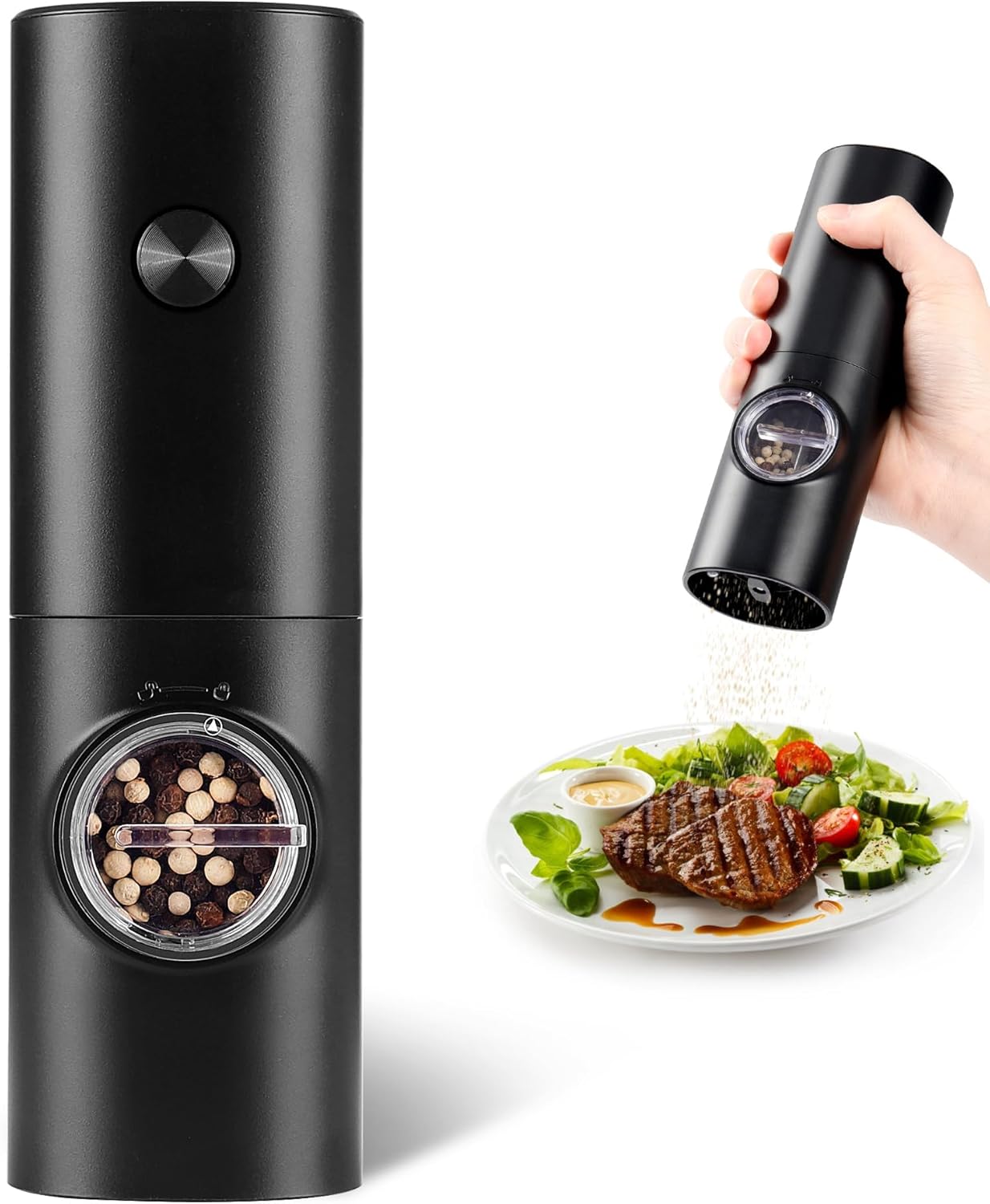 Electric Pepper Grinder or Salt Mill, Battery Powered Automatic Pepper Mill, Ceramic Grinder with Adjustable Coarseness, LED Light, One Hand Operation (1 pack)