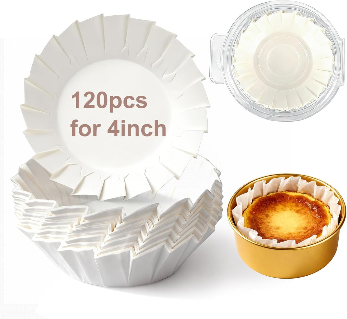 YQL 120PCS 4 Inch Disposable Basque Cake Paper Liners, Non-Stick Parchment Wrappers for Cheesecake, Muffin, Cupcake, Baking Paper Cups for Oven, Air Fryer, Microwave, White