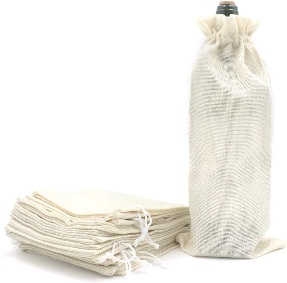 10Pcs Burlap Wine Gift Bags, Drawstring Linen Champagne Wine Bottle Bag Christmas Wedding Birthday Party Favor Wrap Pouches 13.7 x 5.9 Inches (Cream)