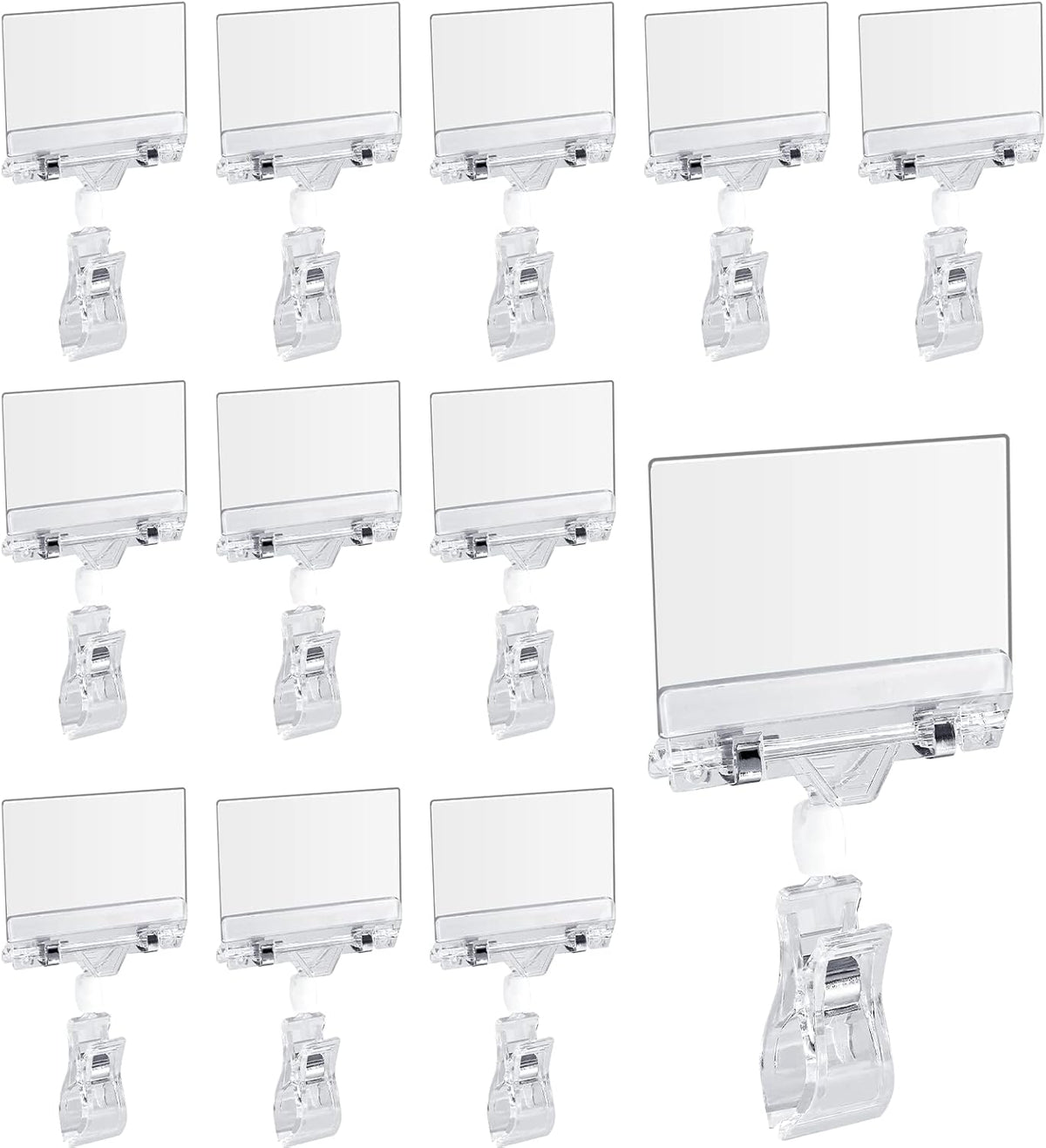 Biaungdo 12 Pcs Rotating Clip Swivel Sign Holder, Clear Rotatable Sign Holder with Double Clip Design, PVC Card Protector for Shelves, Store, Business, Exhibition