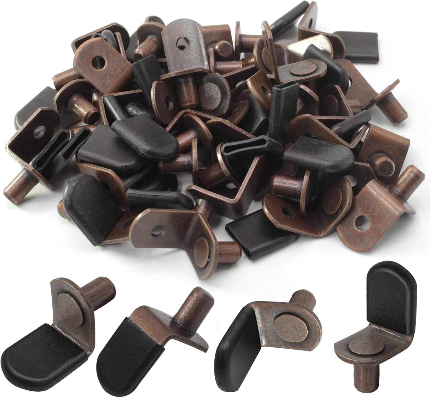Biaungdo 60 Pcs Shelf Support Pegs, 1/4 Inch L-Shaped Clips with Rubber Sleeve, Cabinet Shelf Pegs for Bookshelves Glass Corner Shelf Cabinet Furniture, Antique Bronze