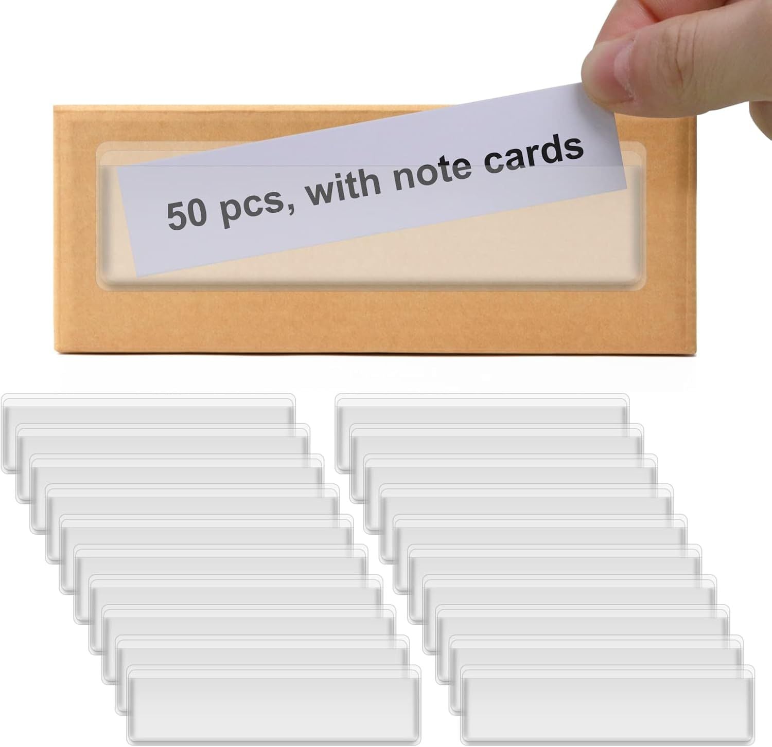 Label Holders Adhesive Shel Tags -  50Pcs Clear Plastic Labels or Storage Bins with Name Label Badge Inserts, Removable Adhesive Pockets or Shel Mailbox Binders Drawers Cabinets Organizer